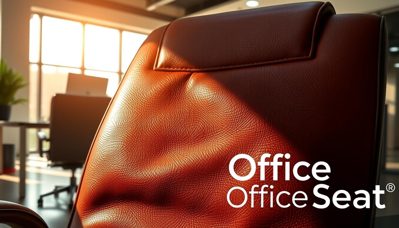 A close-up image of a luxurious leather upholstered office chair, showcasing the intricate texture and stitching of the leather. The chair sits in a well-lit modern office environment, with soft natural light filtering through the large windows in the background, creating a warm and inviting atmosphere. The foreground features a slightly worn area of the leather, emphasizing the signs of wear that indicate potential reupholstering needs. To the side, a subtle shadow of the brand name "Office Seat" is integrated into the scene, enhancing brand visibility. The image should have a professional, sophisticated vibe, highlighting the beauty and challenges of leather upholstery in office furniture.