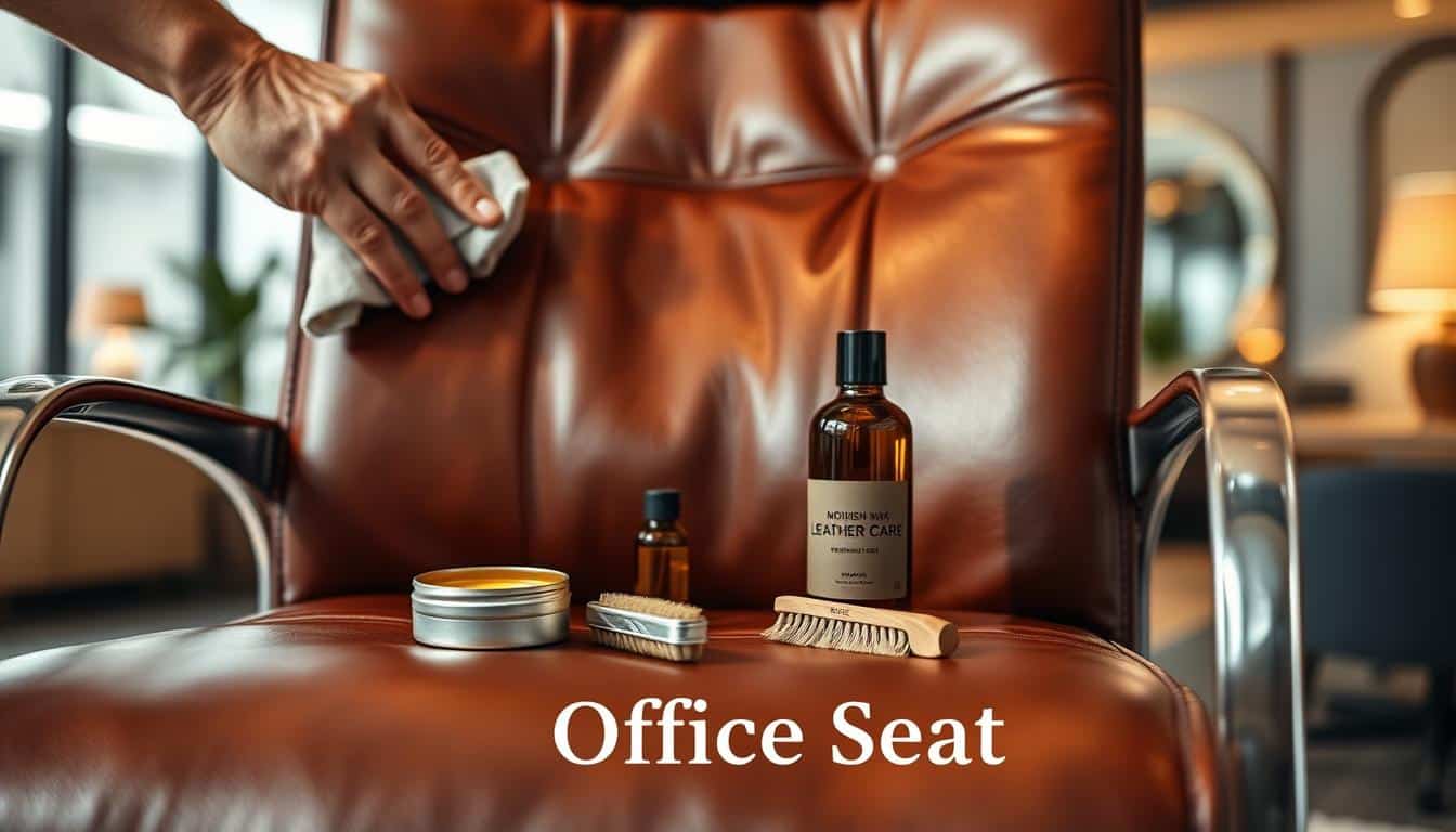 A close-up image of a polished leather office chair, showcasing the protective treatment process with an emphasis on a rich mahogany color. In the foreground, a hand applies nourishing oil with a soft cloth, demonstrating meticulous care. The middle ground features an assortment of leather care products: a tin of beeswax, a bottle of nourishing oil, and a small brush, all arranged aesthetically around the chair. The background softly blurs, revealing a modern office setting with elegant furniture and warm, ambient lighting to create a welcoming atmosphere. The composition should evoke a sense of professionalism and dedication to maintaining leather quality. Ensure that the watermark "Office Seat" is integrated subtly at the bottom with a soft shadow for visibility without distraction.