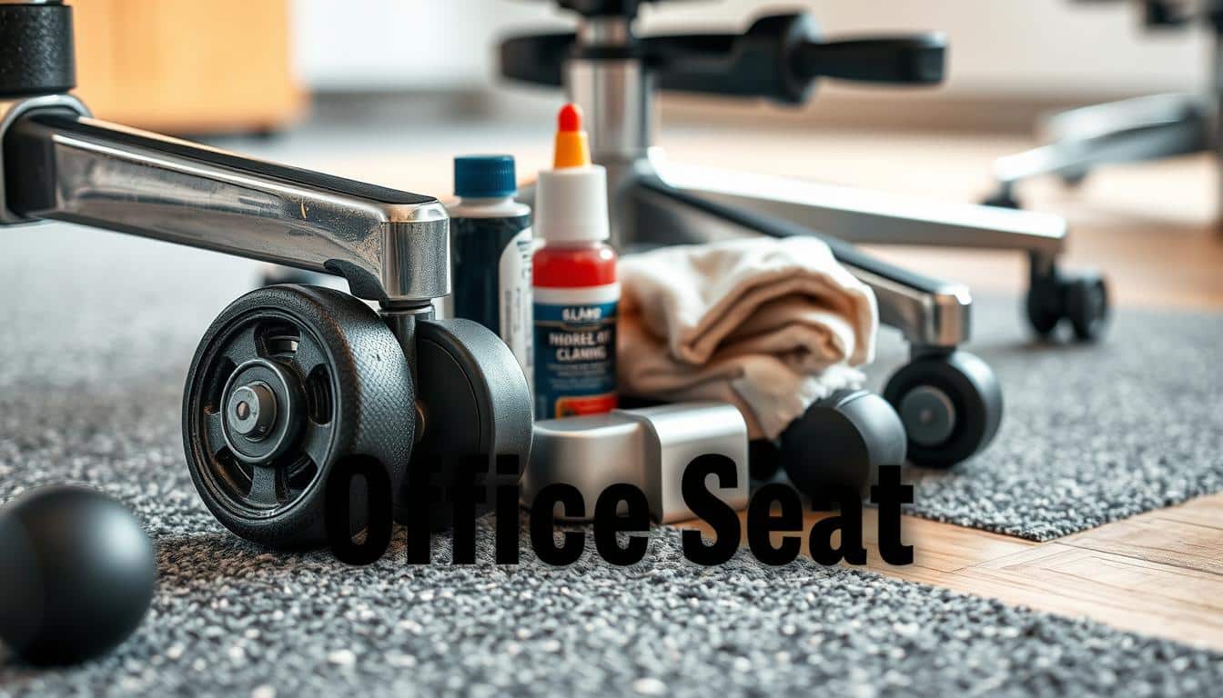 A close-up image of office chair wheels showcasing a variety of designs and conditions. In the foreground, feature a set of office wheels with one wheel stuck and another in perfect working order, demonstrating the contrast between maintenance and neglect. In the middle, include tools like lubricant and cleaning cloths, artistically arranged to suggest repair and upkeep. The background should softly fade into a textured office floor, highlighting different surfaces like carpet and hardwood, emphasizing their impact on wheel performance. Use soft, natural lighting to create a professional atmosphere. Ensure the brand name "Office Seat" is subtly included in the image as a shadowed text for brand visibility.