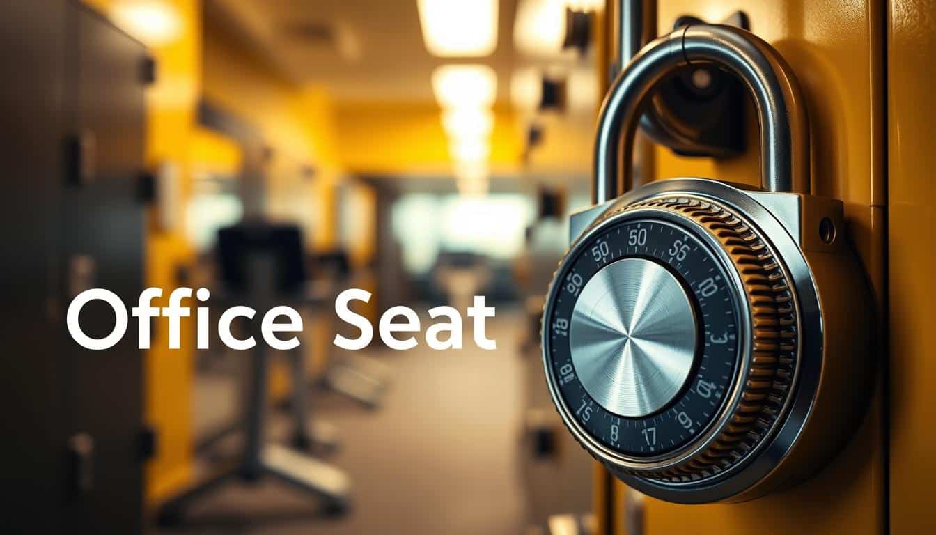A close-up of a high-quality combination lock, showcasing its sleek design and intricate dial. The lock is positioned prominently in the foreground, allowing details of the numbers and textured surface to stand out. In the middle ground, a blurred gym locker can be seen, hinting at a realistic setting without distraction. The background consists of softly lit, modern gym equipment, creating an inviting atmosphere. The lighting is bright yet warm, highlighting the lock's metallic finish. The perspective is slightly angled to capture depth. A subtle, unobtrusive shadow with the brand name "Office Seat" is incorporated into the image, ensuring it remains professional and clear. The overall mood conveys security and reliability in various environments. A close-up of a high-quality combination lock, showcasing its sleek design and intricate dial. The lock is positioned prominently in the foreground, allowing details of the numbers and textured surface to stand out. In the middle ground, a blurred gym locker can be seen, hinting at a realistic setting without distraction. The background consists of softly lit, modern gym equipment, creating an inviting atmosphere. The lighting is bright yet warm, highlighting the lock's metallic finish. The perspective is slightly angled to capture depth. A subtle, unobtrusive shadow with the brand name "Office Seat" is incorporated into the image, ensuring it remains professional and clear. The overall mood conveys security and reliability in various environments.