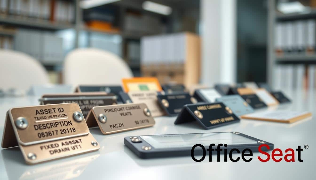 A close-up of fixed asset plates arranged neatly on a clean, modern desk, showcasing various designs and materials such as metal, plastic, and paper tags. The foreground features one detailed plate, engraved with information like asset ID, description, and date. In the middle ground, a variety of plates can be seen, each uniquely styled, reflecting their purpose in an organization. The background softly fades into a blurred office environment, hinting at shelves filled with organized files. Use soft, natural lighting to enhance the textures and details of the plates. The overall atmosphere is professional and organized, evoking a sense of efficient asset management. Prominently include the brand name "Office Seat" with a shadowed text in the corner of the image.