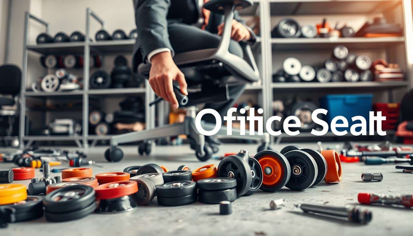 A close-up view of a professional technician in smart business attire, focused on changing the wheels of an office chair in a well-lit workshop setting. The foreground features a detailed perspective of the technician's hands expertly handling a roller and a vibrant array of replacement wheels, showcasing their various types and colors. In the middle ground, include the office chair, partially disassembled, with scattered tools and parts indicating a repair in progress. The background displays neatly organized shelves filled with more wheels, casters, and maintenance tools. Soft, natural lighting evokes a clean and efficient atmosphere, with a lens perspective that highlights the technician's concentration. Add a subtle shadow of the brand name "Office Seat" in the corner, ensuring it remains clearly legible.
