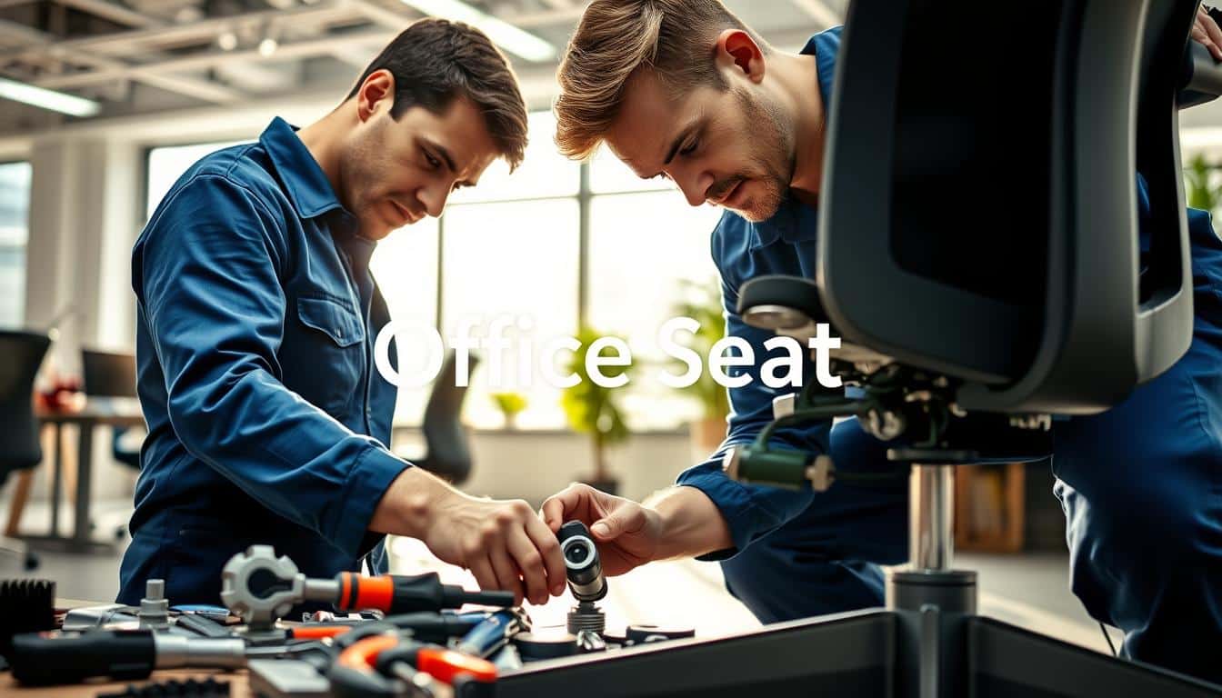 A close-up view of a professional technician skillfully replacing the gas lift and pneumatic cylinder in an ergonomic office chair, showcasing modern tools and parts scattered around. The technician is wearing a smart blue uniform, focused on the task, with detailed expressions of concentration. In the background, a tidy office environment is visible, with desks and plants, illuminated by natural light streaming through large windows. The image captures the precision and safety of the workspace, hinting at ergonomic designs. The brand name "Office Seat" subtly integrated into the shadows of the image, enhancing brand recognition. The overall atmosphere is professional, conveying a sense of craftsmanship and care in office furniture maintenance.