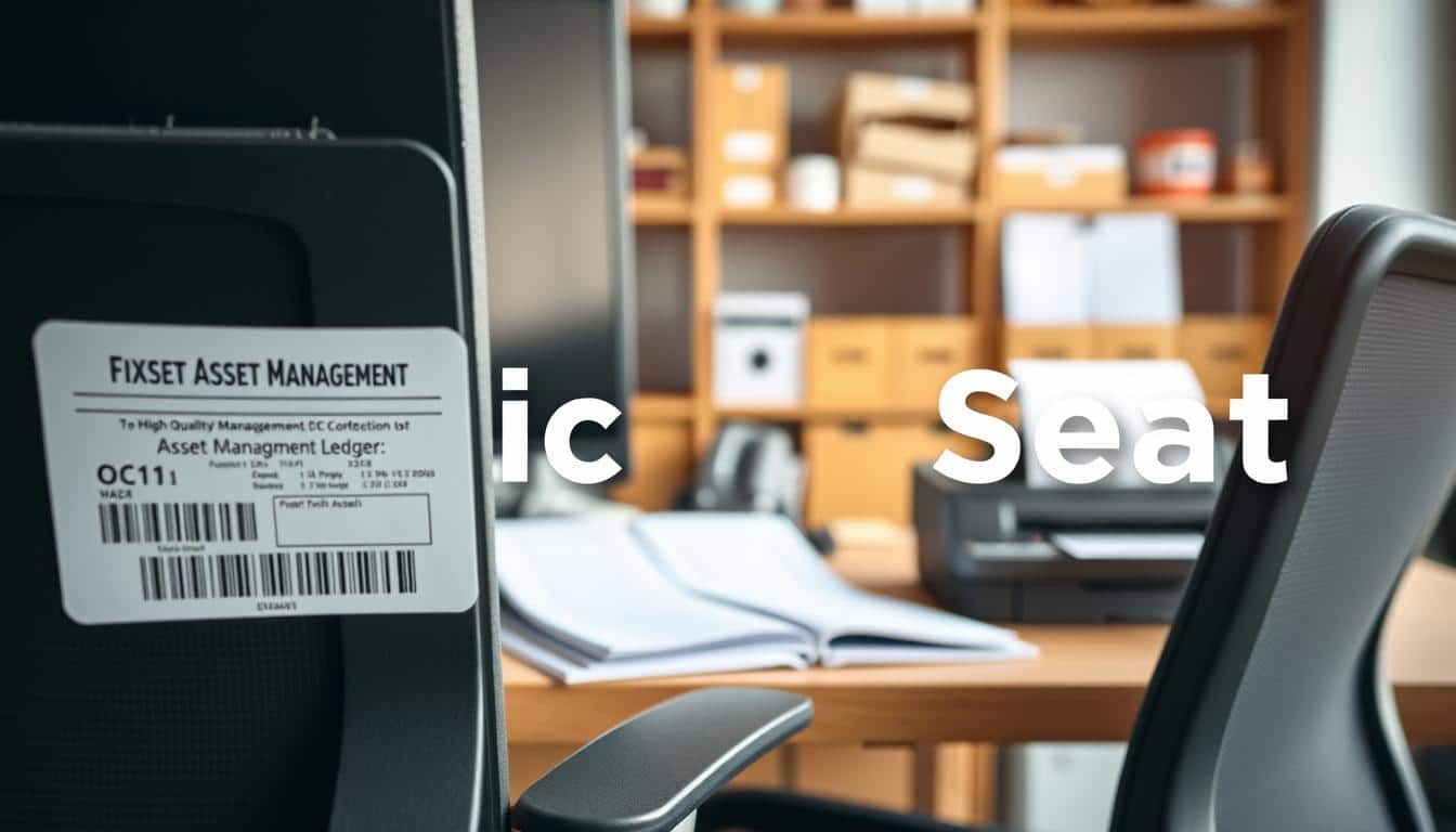 A close-up view of a professional workspace featuring neatly organized "fixed asset labels" on various office equipment. In the foreground, focus on labels attached to a high-quality office chair and a computer monitor, showing clear text and barcodes. In the middle ground, display an open asset management ledger and a printer with some labels ready to be printed. In the background, include softly blurred shelves with office supplies and equipment, suggesting an efficient business environment. The lighting should be bright and natural, creating a clean and inviting atmosphere, with a soft focus effect. Ensure the brand name "Office Seat" is subtly integrated into the image, appearing as a shadowed text on one of the labels.