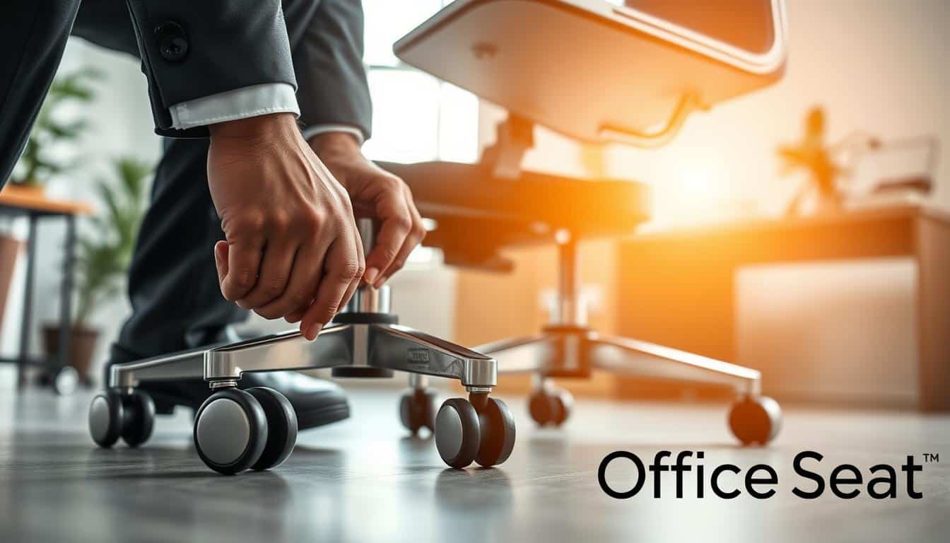 A close-up view of a professional workspace showcasing the process of changing the wheels of an executive office chair. In the foreground, a pair of hands clad in business attire carefully replaces worn-out casters, highlighting the details of the chair's mechanism. The middle ground features the office chair with a sleek, modern design, emphasizing the new wheels that glisten under soft, natural light filtering through a nearby window. The background reveals a tidy office environment, with a wooden desk and a potted plant, creating a professional atmosphere. The overall mood is focused and diligent, reflecting the importance of maintaining office furniture. Include a subtle shadow of the brand name "Office Seat" in the corner to enhance brand identity without distracting from the main image.