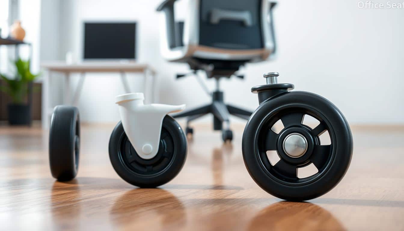 A close-up view of a set of high-quality, silent office chair wheels designed for smooth movement and durability. In the foreground, showcase three different wheel designs: a soft rubber gliding wheel, a sturdy plastic wheel, and a modern dual wheel. The wheels should be placed on a sleek wooden office floor to highlight their functionality. In the middle ground, illustrate a blurred office desk with a professional setting, featuring a stylish ergonomic office chair, enhancing the focus on the wheels. The background should softly fade into a minimalist office environment with soft, natural lighting that creates a calm and professional atmosphere. Ensure the brand "Office Seat" is subtly incorporated into the design, maintaining a clean and professional aesthetic without text overlays or watermarks.