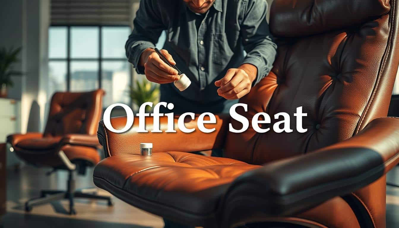 A close-up view of a skilled artisan restoring an elegant leather office chair, showcasing the texture and rich hue of the leather. The artisan, dressed in professional attire, is using high-quality tools, carefully applying cream for conditioning the leather. In the middle ground, display a few more leather pieces and restoration tools arranged neatly. In the background, a well-lit, modern office setting with clean lines and large windows emphasizes comfort and professionalism. Soft, diffused lighting enhances the warm, inviting atmosphere while casting gentle shadows. The brand "Office Seat" is subtly included in the shadow, ensuring clarity and visibility. The scene portrays a blend of elegance, durability, and care associated with leather restoration in office environments.