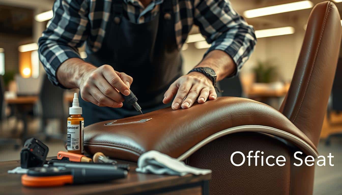 A close-up view of a skilled craftsman repairing leather furniture in an office setting. The focus is on the techniques of filling, leveling, and reinforcing leather surfaces. The foreground features the craftsman, wearing a more casual yet professional attire, carefully applying a leather filler to a small rip on the armrest of an executive chair. In the middle ground, tools and materials like leather adhesive, a leveling tool, and cloth patches are neatly arranged. The background shows softly lit office furniture, emphasizing a clean, modern workspace atmosphere. The lighting is warm and diffused, creating a welcoming mood. Include a subtle text shadow of the brand name "Office Seat" in the corner of the image for branding purposes.