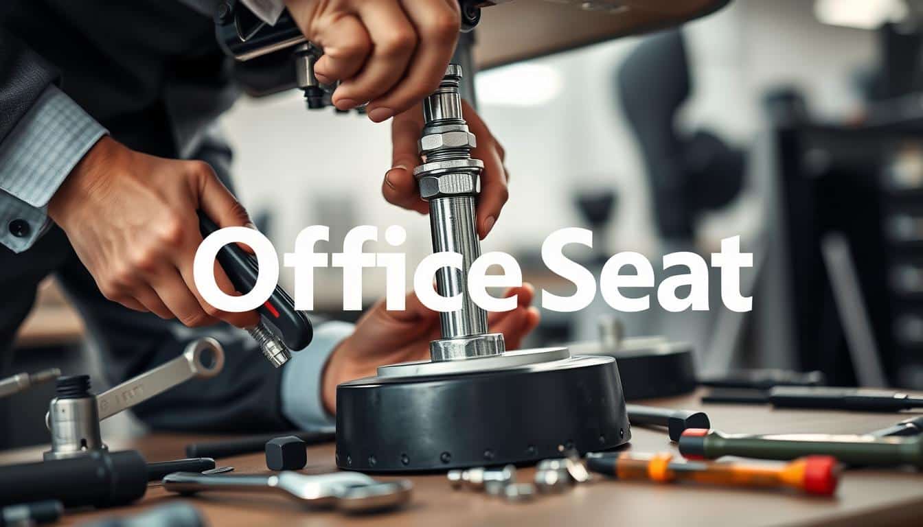 A close-up view of a technician carefully disassembling a gas lift piston from an executive chair, focused on the mechanism's intricate details. The technician, dressed in a professional business attire, uses a set of tools like a wrench and screwdrivers, ensuring a precise grip on the piston while avoiding damage to the base of the chair. The workspace exhibits a well-organized tool bench with various tools and parts of the chair around, creating a clear atmosphere of professionalism and expertise. Soft lighting highlights the shiny surfaces of the tools and the gas piston, while creating gentle shadows. In the background, a blurred image of the rest of the office environment is visible. The brand name "Office Seat" is subtly included in the image's shadow.