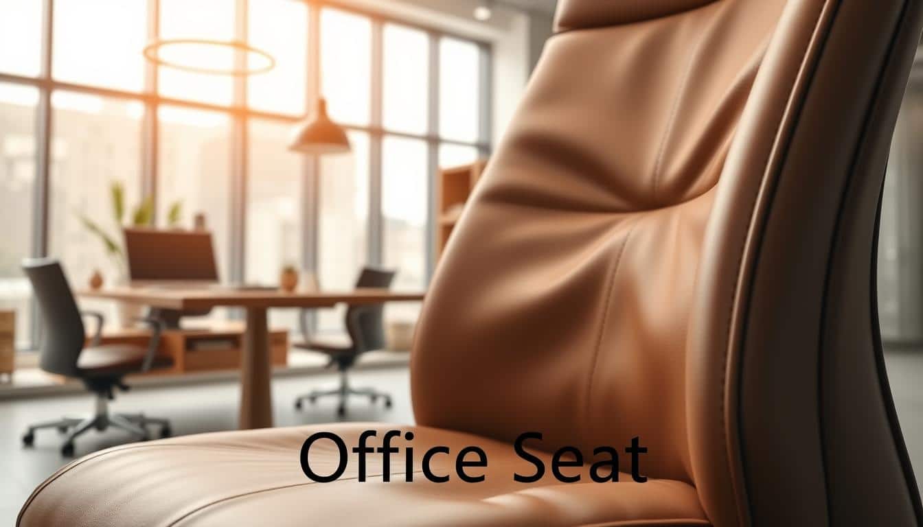 A close-up view of an office chair featuring luxurious synthetic leather upholstery, highlighting its rich texture and smooth finish. The foreground captures the soft folds and subtle sheen of the vegan leather, emphasizing durability and elegance. In the middle ground, the chair is set against a modern office environment furnished with minimalist décor, including a sleek wooden desk and contemporary lighting fixtures. The background is softly blurred, creating a warm and inviting atmosphere with diffused natural light streaming through large windows. The angle is slightly tilted to enhance depth, focusing on the chair’s ergonomic design. Include the brand name "Office Seat" subtly placed in a shadowed text at the bottom, ensuring it is legible but not intrusive.