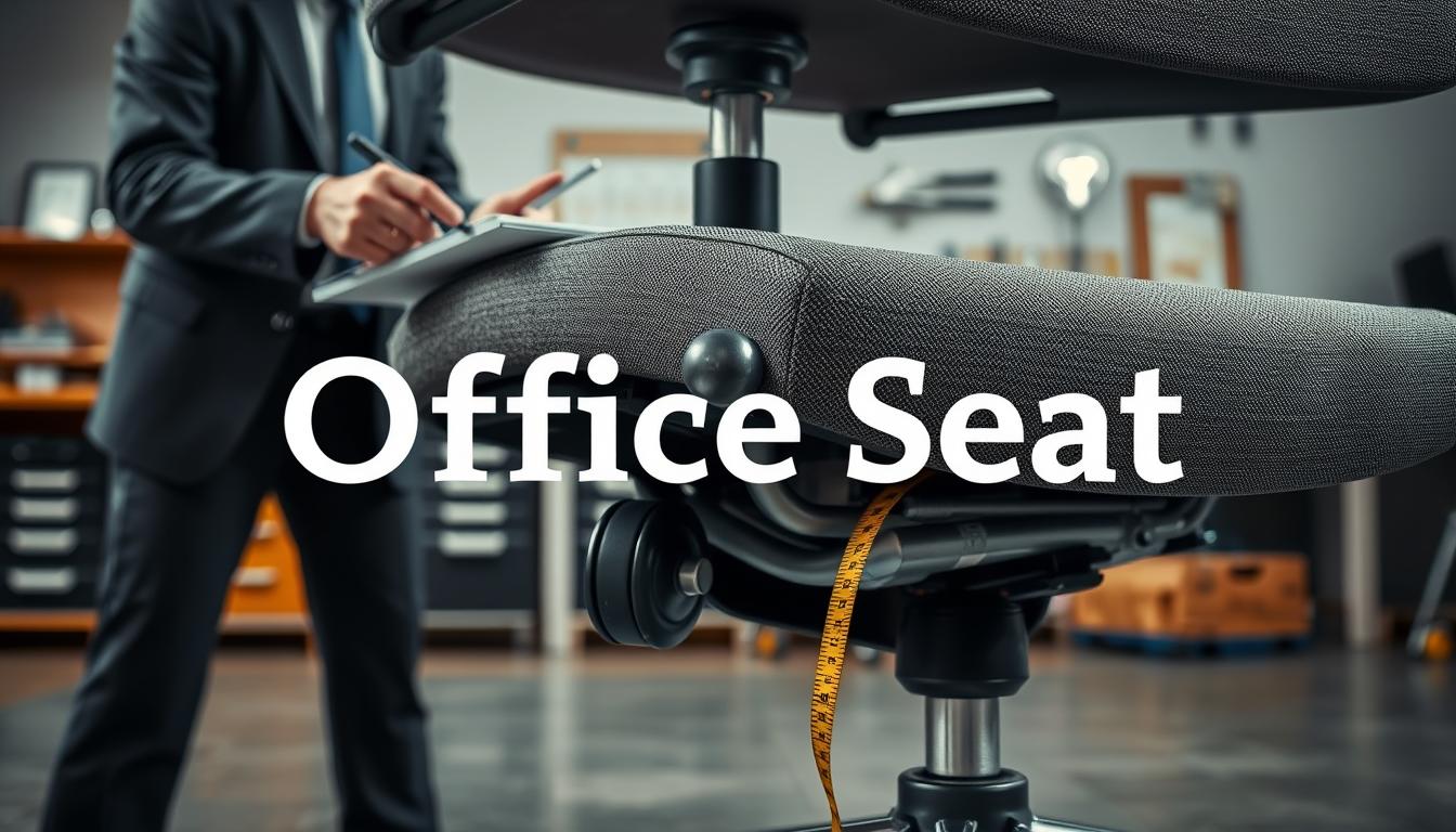 A close-up view of an office chair showcasing a technical diagnosis process. In the foreground, a professional technician in smart business attire examines the chair's structural integrity, using tools like a ruler and a notepad. The middle layer features detailed elements such as visible chair components – broken casters, worn-out upholstery, and a measuring tape. The background displays a well-lit workshop environment with tools organized neatly on a workbench. Soft, natural lighting creates a focused atmosphere, emphasizing the analysis of the chair. The brand name "Office Seat" is subtly integrated into the image with clear shadow text for easy readability. The overall mood conveys professionalism and diligence in maintaining office equipment.