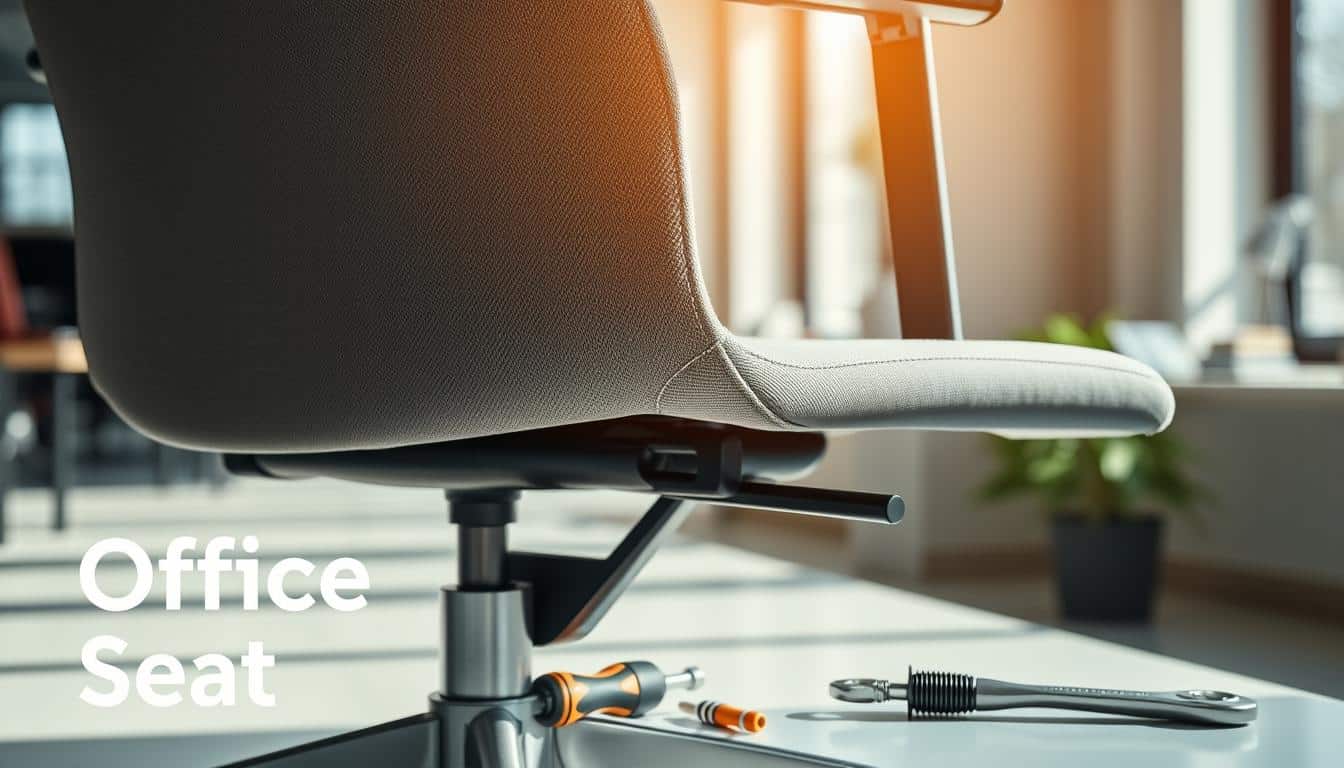 A close-up view of an office chair with a loose or unstable backrest, highlighting the area where the backrest connects to the seat. The background features a softly blurred office environment, suggesting a professional workspace. Natural light pours in from a nearby window, casting gentle shadows that create an inviting atmosphere. In the foreground, tools like a screwdriver and a wrench are placed next to the chair, indicating an ongoing repair process. The chair should have a modern design and be upholstered in a neutral color to align with typical office decor. Subtle branding with the text "Office Seat" is worked into the image shadow, ensuring clear visibility. The overall mood is one of practical repair work and maintenance.