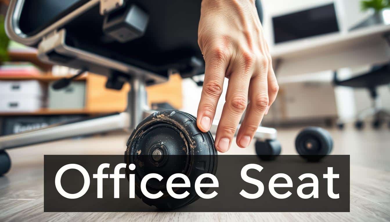 A close-up view of an office chair with worn-out wheels, emphasizing the need for replacement. The chair is positioned in a modern office environment, with office supplies and a computer in the background, creating a professional atmosphere. In the foreground, a hand gently touches a damaged wheel to highlight signs of wear and tear, such as cracks and dirt accumulation. Soft, natural lighting enhances the scene to convey clarity and focus. The perspective is slightly from above, capturing the chair's detail and the surrounding workspace. The brand name "Office Seat" is subtly included in a shadowed text format at the bottom of the image for clear visibility.