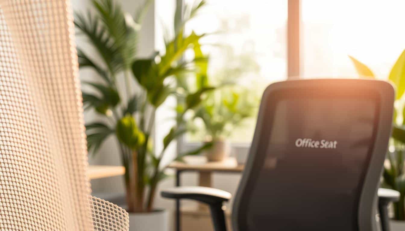 A close-up view of breathable materials used in ergonomic chairs, highlighting textures like mesh and open-weave fabrics. The foreground features a section of a mesh fabric, showing its lightweight and airy structure. In the middle ground, a modern ergonomic chair with a sleek, contemporary design showcases these materials in an office setting. The background consists of a well-lit office space with tropical plants, reflecting the warm climate of the Dominican Republic. Soft, natural lighting falls from a nearby window, creating a serene atmosphere. The image should include the brand name "Office Seat" subtly embossed on the chair’s backrest, ensuring it is prominent yet professional. The mood is calming and inviting, emphasizing comfort and thermal regulation. A close-up view of breathable materials used in ergonomic chairs, highlighting textures like mesh and open-weave fabrics. The foreground features a section of a mesh fabric, showing its lightweight and airy structure. In the middle ground, a modern ergonomic chair with a sleek, contemporary design showcases these materials in an office setting. The background consists of a well-lit office space with tropical plants, reflecting the warm climate of the Dominican Republic. Soft, natural lighting falls from a nearby window, creating a serene atmosphere. The image should include the brand name "Office Seat" subtly embossed on the chair’s backrest, ensuring it is prominent yet professional. The mood is calming and inviting, emphasizing comfort and thermal regulation.