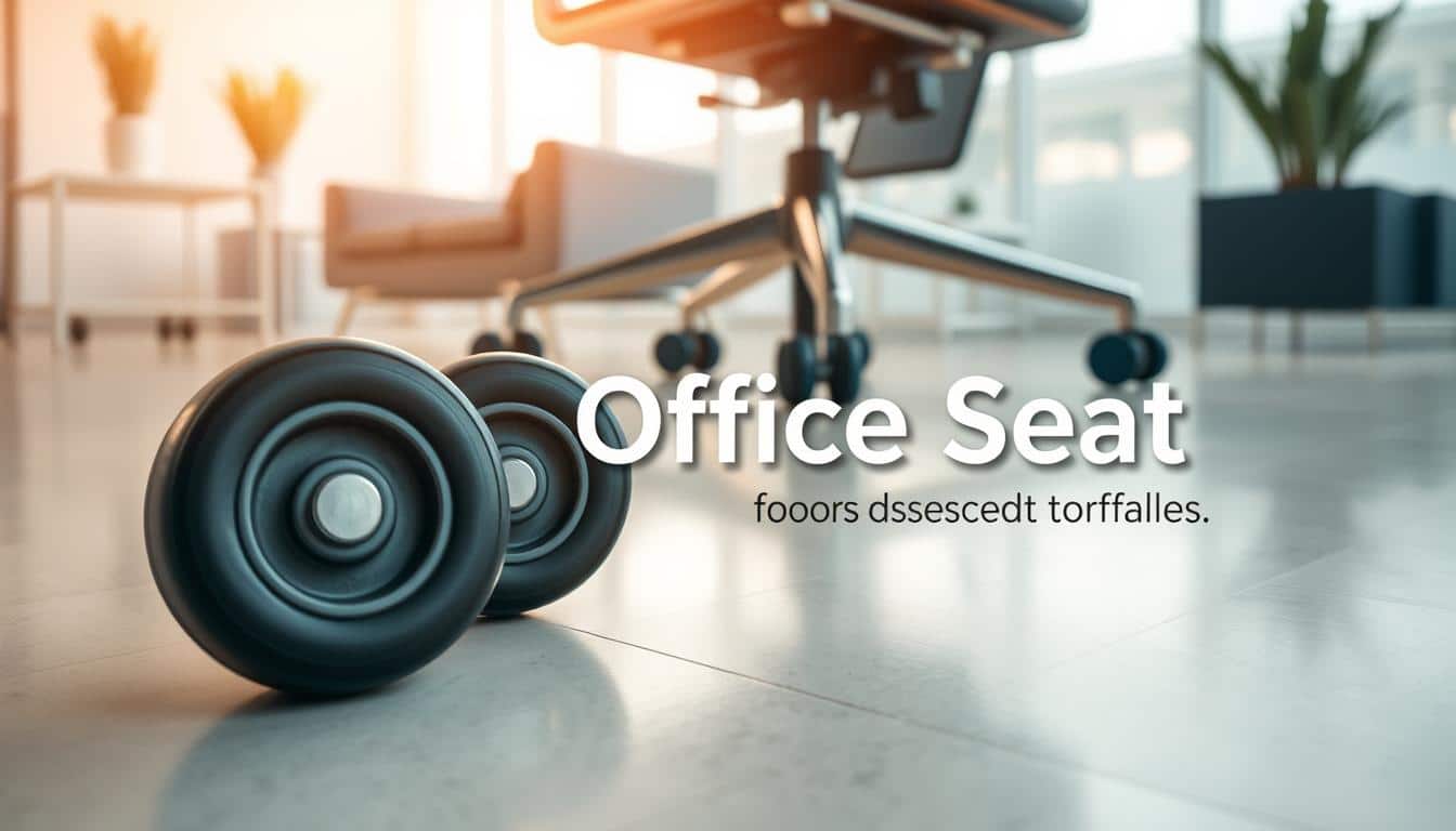 A close-up view of high-quality wheels designed specifically for hard floors, such as tile or hardwood. The foreground features several rubberized wheels showcasing their durable materials and intricate designs, highlighted by soft, diffused lighting that emphasizes their texture. In the middle, a modern office chair with these wheels is partially visible, suggesting functionality and comfort for office environments. The background consists of a bright, minimalist office setting with sleek furniture and polished floors, creating a professional atmosphere. A subtle reflection on the floor adds depth and realism. The lighting is warm and inviting, emphasizing quality and modern design. Include the brand name "Office Seat" in a legible shadowed text overlay, ensuring it's clear yet unobtrusive.