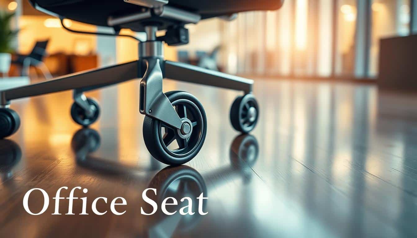 A close-up view of modern inline skate wheels designed for office chairs, showcasing their unique double-wheel structure and braking mechanism. The foreground features a set of sleek, shiny wheels, intricately detailed with a focus on rubber texture and metal components. In the middle ground, display a stylish office chair equipped with these wheels, positioned on a polished wooden floor that reflects the wheels' details. The background features a softly blurred office environment with warm, inviting lighting, emphasizing professionalism and innovation. Capture this scene at an angle that highlights the wheels’ functionality and aesthetic appeal. Include "Office Seat" elegantly positioned in the lower left corner, ensuring the brand name is clearly visible yet subtle.