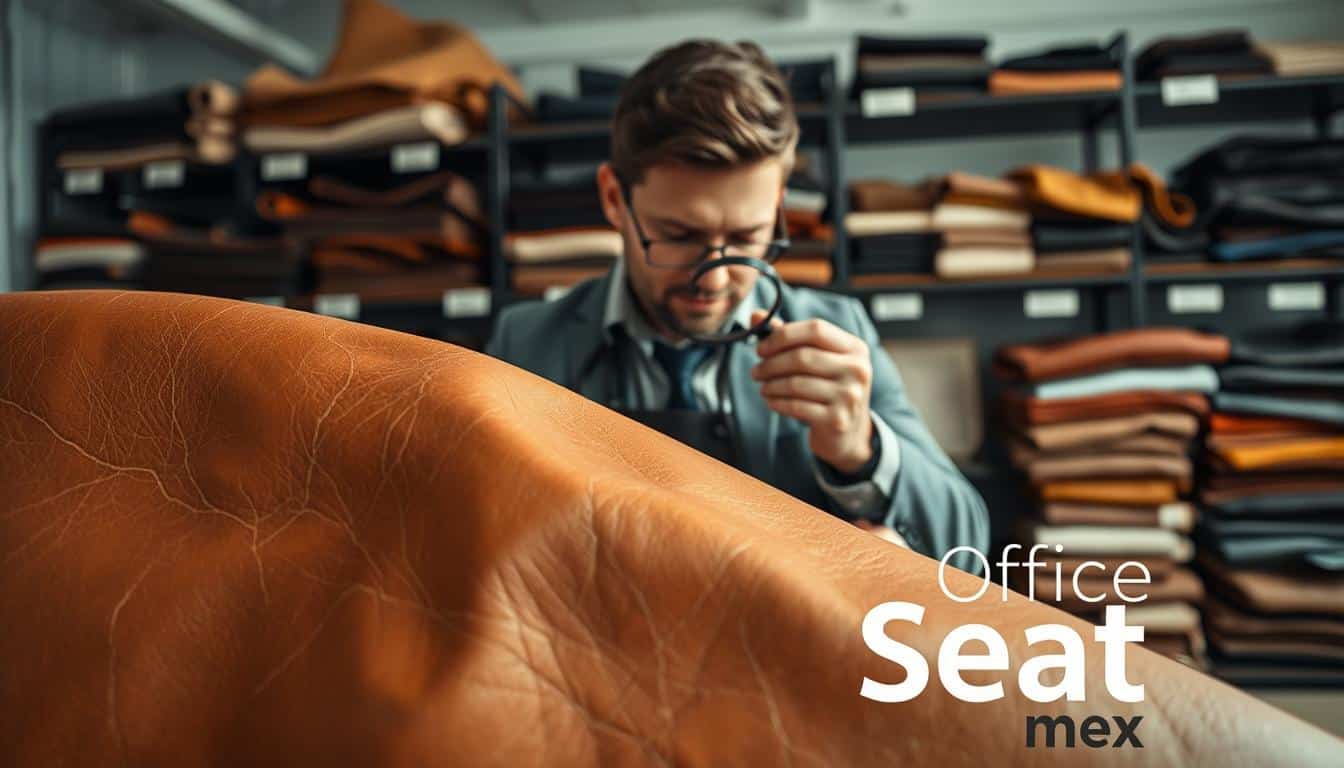 A close-up view of natural leather being examined by a professional upholsterer in a modern office environment. In the foreground, show a well-worn piece of leather with its rich texture and natural imperfections highlighted under soft, warm lighting. The middle ground features an artisan wearing a stylish, modest business outfit, intently studying the leather with a magnifying glass. In the background, there are shelves filled with various leather samples, including treated leather and synthetic materials, creating a clear contrast. The atmosphere is focused and professional, emphasizing expertise and quality. The scene should include a subtle shadow with the brand name “Office Seat” prominently displayed, enhancing brand recognition without detracting from the overall aesthetic.