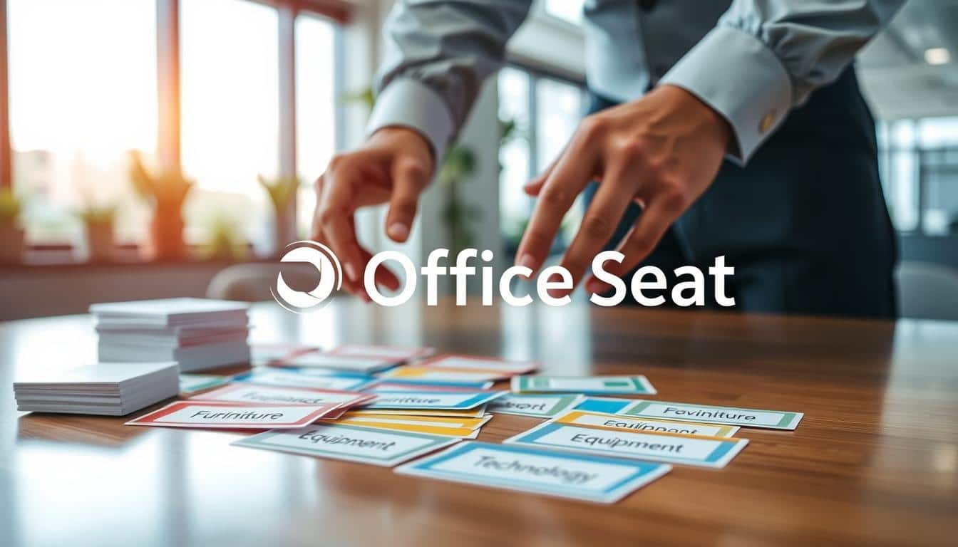 A collection of fixed asset inventory tags laid out on a sleek, polished wooden office desk. The tags are colorful and clearly labeled, showcasing various asset categories such as "Furniture," "Equipment," and "Technology." In the foreground, a pair of professional hands gently arranging the tags, wearing formal attire with a subtle cufflink detail. In the background, a blurred office environment provides a modern ambiance, with soft, natural lighting filtering through large windows. A hint of greenery from indoor plants adds a touch of freshness to the scene. The brand name "Office Seat" is subtly incorporated in the corner with a clear, shadowed text overlay, ensuring it is legible yet unobtrusive. The overall atmosphere emphasizes organization and professionalism in asset management. A collection of fixed asset inventory tags laid out on a sleek, polished wooden office desk. The tags are colorful and clearly labeled, showcasing various asset categories such as "Furniture," "Equipment," and "Technology." In the foreground, a pair of professional hands gently arranging the tags, wearing formal attire with a subtle cufflink detail. In the background, a blurred office environment provides a modern ambiance, with soft, natural lighting filtering through large windows. A hint of greenery from indoor plants adds a touch of freshness to the scene. The brand name "Office Seat" is subtly incorporated in the corner with a clear, shadowed text overlay, ensuring it is legible yet unobtrusive. The overall atmosphere emphasizes organization and professionalism in asset management.