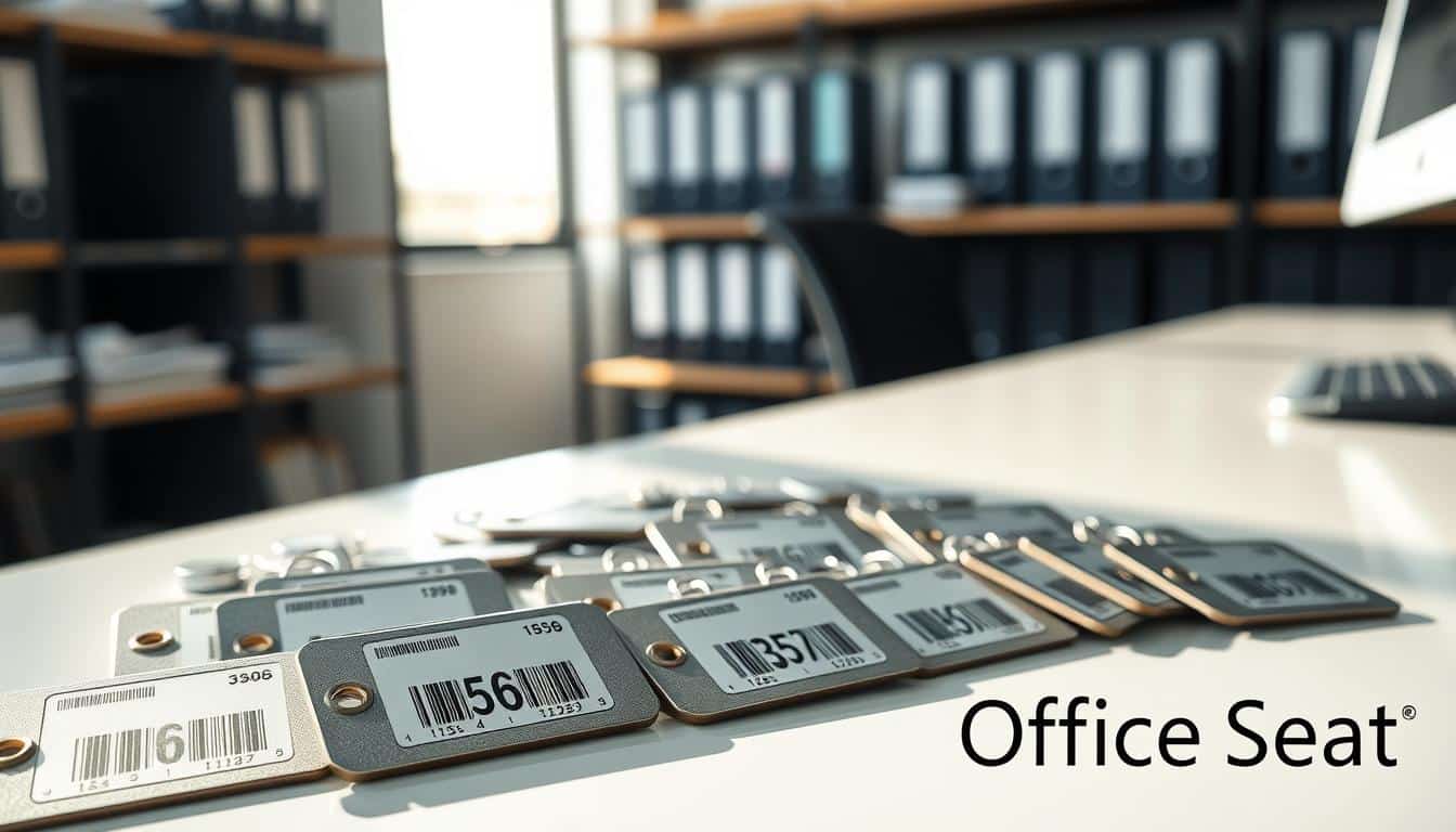 A collection of metallic asset tags prominently displayed on a sleek office desk. The foreground features various tags organized neatly, showcasing detailed textures, barcodes, and identification numbers. In the middle, a blurred view of a modern office environment with shelves holding clear binders and company assets in the background, conveying a sense of organization and control. Soft natural light filters through a nearby window, creating gentle shadows that enhance the tags' reflective surfaces. The mood is professional and focused, ideal for illustrating asset management concepts. Include a subtle shadow of text with the brand name "Office Seat" on the bottom right of the image, well legible and harmoniously integrated.