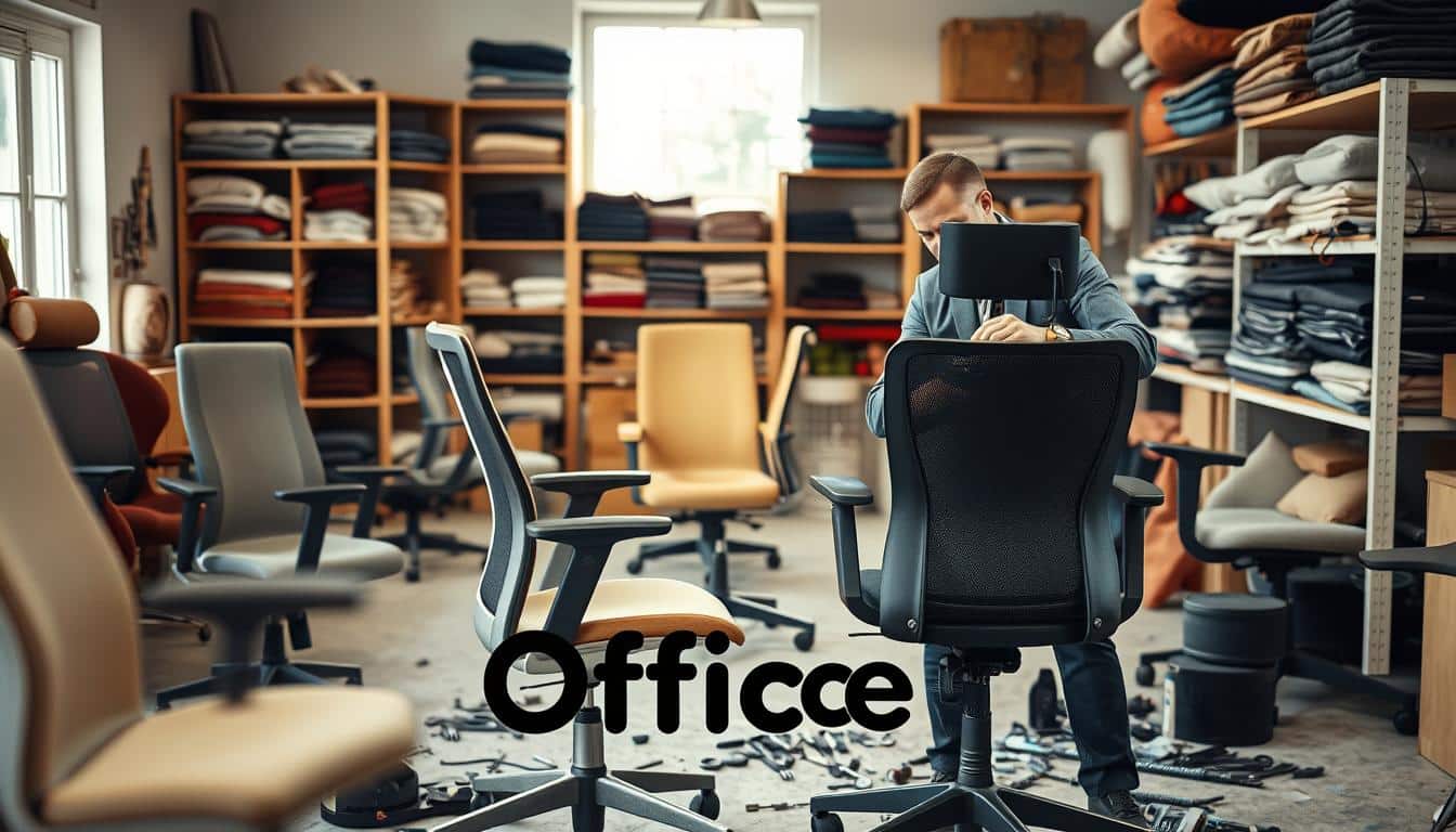 A cozy office repair shop specializing in office chair repairs, featuring a workshop filled with various chairs in different states of disassembly. In the foreground, a skilled technician, dressed in professional business attire, meticulously fixes an ergonomic office chair, surrounded by tools like wrenches and fabric swatches. In the middle, shelves display spare parts and upholstery materials, showcasing a variety of colors and textures. The background features a softly lit workspace with a window letting in natural light, giving the scene a warm and inviting atmosphere. A shadowed text overlay reads "Office Seat" in a clear, legible font, enhancing the brand's presence in the image.