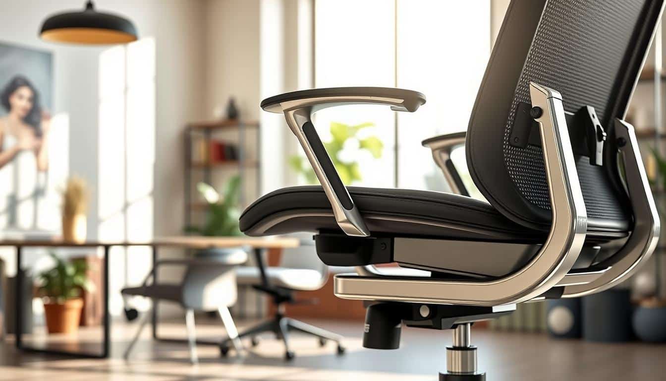 A detailed and ergonomic office chair structure, showcasing a sleek metal frame, supportive foam padding, and high-quality leather upholstery. The foreground features a close-up view of the chair's unique design elements, emphasizing the contours and textures of the materials used. In the middle ground, a stylish office setting with soft, natural light streaming through a large window enhances the inviting atmosphere. The background includes subtle hints of office decor, like plants and decorative shelves, creating a balanced and professional environment. The image conveys a sense of comfort and support, reflecting the importance of unseen structural elements in ergonomics. Soft shadows add depth, and the brand name "Office Seat" is subtly integrated into the image.