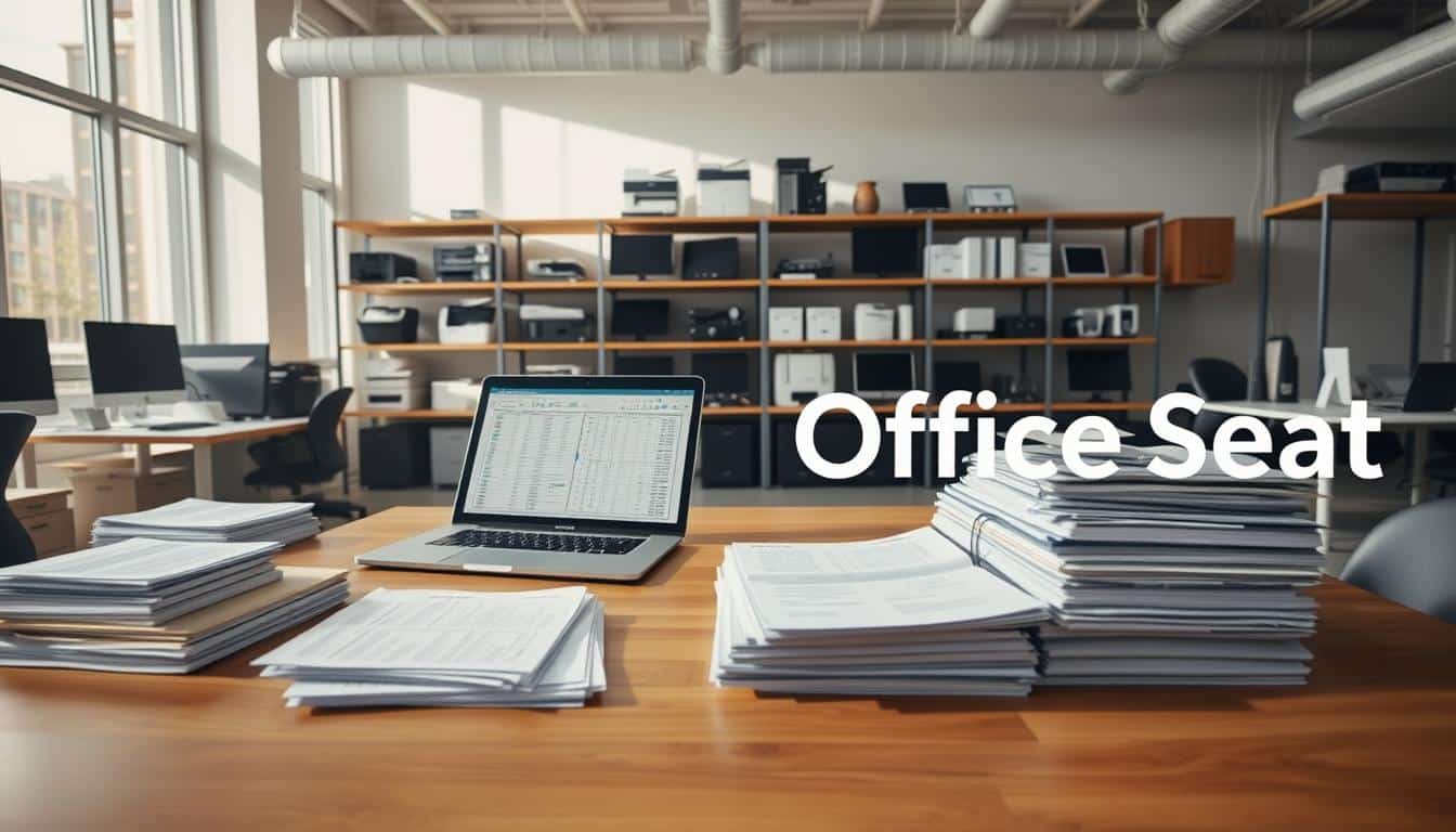A detailed and organized inventory of fixed assets displayed in a bright, modern office environment. In the foreground, a large, wooden table is covered with neatly stacked files, spreadsheets, and a laptop showcasing a digital asset management system. Middle ground includes shelves filled with various office equipment such as printers, monitors, and furniture, all arranged systematically. In the background, large windows allow natural light to filter in, illuminating the space and enhancing the professional atmosphere. Soft shadows add depth, while a wide-angle view captures the entire scene. The mood is focused and productive, emphasizing efficiency in asset management. The brand name "Office Seat" appears in a shadowed text overlay on one side of the image, ensuring it is clearly legible. A detailed and organized inventory of fixed assets displayed in a bright, modern office environment. In the foreground, a large, wooden table is covered with neatly stacked files, spreadsheets, and a laptop showcasing a digital asset management system. Middle ground includes shelves filled with various office equipment such as printers, monitors, and furniture, all arranged systematically. In the background, large windows allow natural light to filter in, illuminating the space and enhancing the professional atmosphere. Soft shadows add depth, while a wide-angle view captures the entire scene. The mood is focused and productive, emphasizing efficiency in asset management. The brand name "Office Seat" appears in a shadowed text overlay on one side of the image, ensuring it is clearly legible.