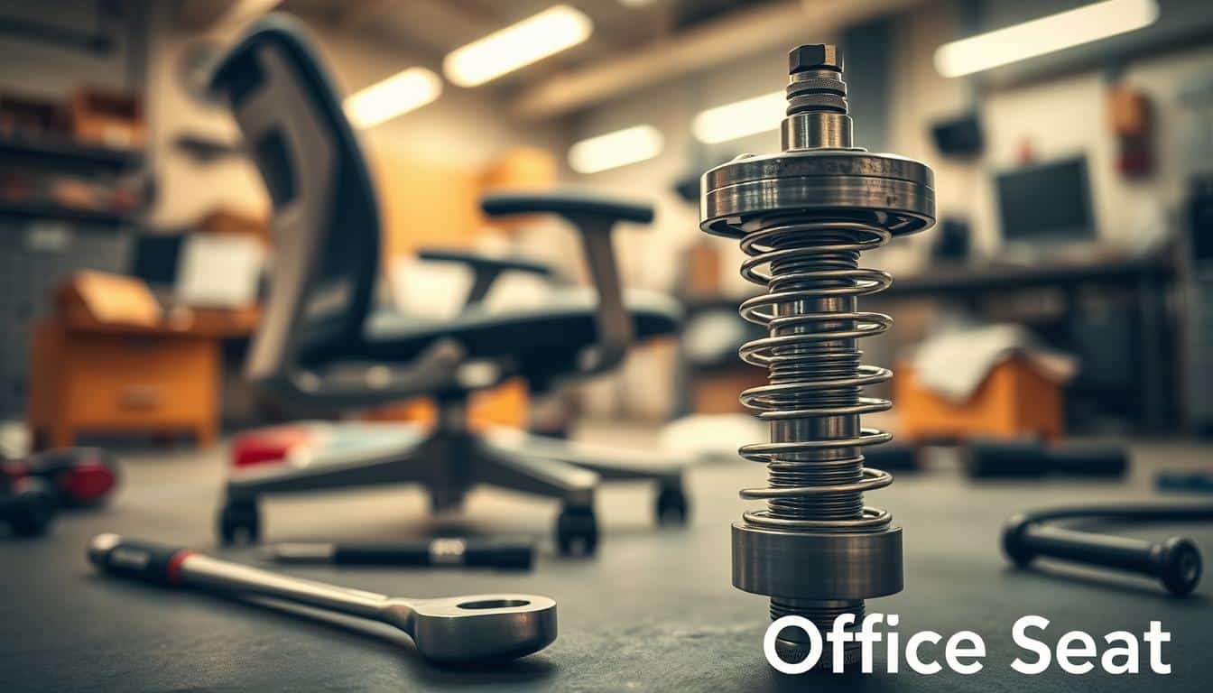 A detailed and realistic image of a pneumatic piston, prominently displayed in the foreground, showcasing its metallic features and intricate spring mechanisms. The middle ground includes a disassembled office chair, highlighting the piston as a crucial component, while tools like a wrench and screwdriver lay nearby, indicating repair work in progress. The background should be a softly blurred workshop environment, filled with subtle hints of repair stations and maintenance equipment. Warm, diffused lighting illuminates the scene, creating a focused yet inviting atmosphere. Use a lens effect to enhance depth, ensuring that the scene conveys a sense of professionalism and diligence in office chair repairs. Include a subtle shadow of the text "Office Seat" in the bottom corner, enhancing brand visibility without overpowering the image.