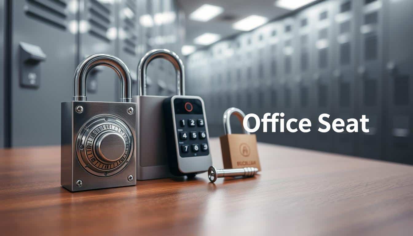A detailed close-up image showcasing various recommended types of locks for office lockers, prominently featuring a sturdy combination lock, a sleek electronic keypad lock, and a reliable padlock, all arranged on a wooden table. The locks should be intricate, highlighting their mechanisms and textures. In the background, softly blurred metallic lockers can be seen, with subtle reflections from overhead LED lights that create a bright, organized atmosphere. The focus should be on the locks, while maintaining a professional, clean aesthetic suitable for an office environment. The image should also include a shadowed text overlay displaying the brand name "Office Seat" in a legible font, ensuring it complements the overall composition without distracting from the main subject. A detailed close-up image showcasing various recommended types of locks for office lockers, prominently featuring a sturdy combination lock, a sleek electronic keypad lock, and a reliable padlock, all arranged on a wooden table. The locks should be intricate, highlighting their mechanisms and textures. In the background, softly blurred metallic lockers can be seen, with subtle reflections from overhead LED lights that create a bright, organized atmosphere. The focus should be on the locks, while maintaining a professional, clean aesthetic suitable for an office environment. The image should also include a shadowed text overlay displaying the brand name "Office Seat" in a legible font, ensuring it complements the overall composition without distracting from the main subject.
