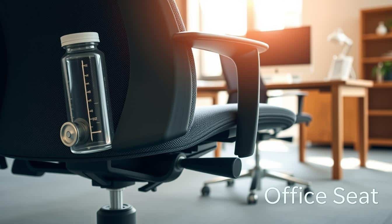 A detailed close-up of an executive office chair with a gas lift mechanism, showcasing the inner workings of the gas lift cylinder. In the foreground, the gas lift bottle is partially visible, illustrating its connection to the chair base and seat. The middle ground features a professional setting, with a softly blurred corporate office backdrop, including a wooden desk and computer setup. Natural lighting filters through a window, casting a warm glow across the scene, enhancing the textures of the chair's fabric and structure. The mood is focused and practical, highlighting the importance of repairing the gas lift mechanism. Add the brand name "Office Seat" subtly in the bottom right corner, ensuring it is legible but not distracting.