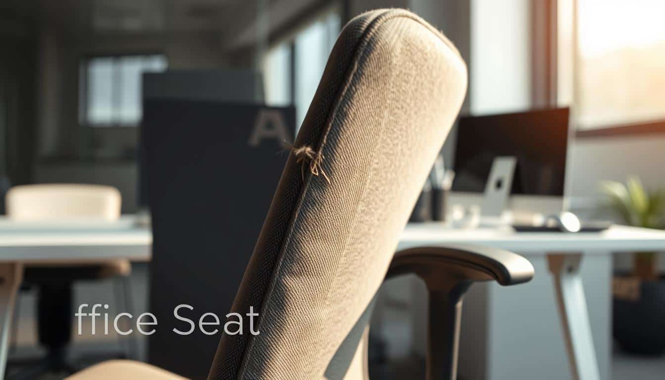 A detailed close-up view of an office chair showing clear signs of wear, such as frayed fabric, scratches on the armrests, and a slightly sagging seat cushion. The scene is set in a well-lit modern office environment, with soft natural light filtering through a nearby window, highlighting the textures and imperfections of the chair. In the foreground, focus on the damaged areas to emphasize the need for repair. The middle ground features a tidy, professional workspace with a desk and computer, while the background softly blurs to maintain focus on the chair. The mood is serious and informative, indicating the importance of recognizing when office furniture needs maintenance. Include a subtle shadow of the brand name "Office Seat" in the corner, clearly legible and professional.