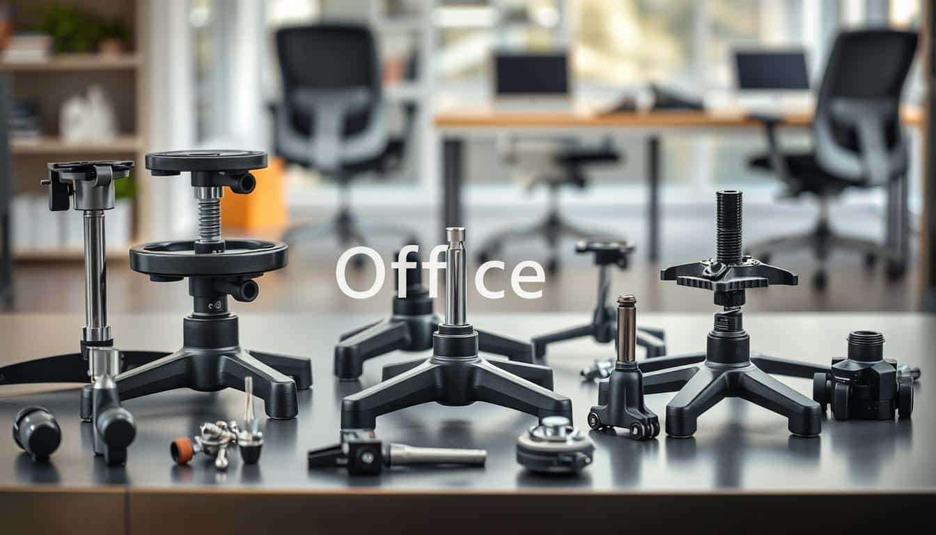 A detailed collection of office chair replacement parts displayed on a sleek, modern workbench. In the foreground, focus on various components: robust chair bases, sturdy star bases with wheels, adjustable gas pistons, and intricate mechanisms, all arranged neatly. The middle ground features a blurred background of a chic office setup with a desk and ergonomic chairs. Soft, natural lighting enhances the textures of the materials, reflecting a professional work environment. Use a shallow depth of field to emphasize the parts while slightly blurring the backdrop. The mood is practical and straightforward, evoking a sense of reliability. Subtly include the brand name "Office Seat" in clear, legible shadow text for branding.