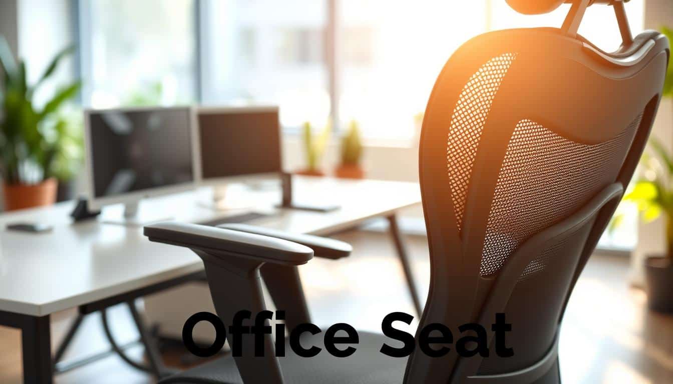 A detailed ergonomic office chair with a breathable mesh backrest, designed for long hours of work, prominently displayed in a well-lit office environment. The foreground features the chair with its ergonomic contours and adjustable features, showcasing the mesh fabric's texture. The middle ground includes a sleek desk with a modern computer setup, emphasizing a professional workspace. In the background, a soft-focus office interior with potted plants and a window allowing natural light to illuminate the scene. The mood is productive and inviting, conveying comfort and support for extended work sessions. Ensure the image includes the brand name "Office Seat" in a clear, legible text shadow subtly integrated into the bottom corner of the image. A detailed ergonomic office chair with a breathable mesh backrest, designed for long hours of work, prominently displayed in a well-lit office environment. The foreground features the chair with its ergonomic contours and adjustable features, showcasing the mesh fabric's texture. The middle ground includes a sleek desk with a modern computer setup, emphasizing a professional workspace. In the background, a soft-focus office interior with potted plants and a window allowing natural light to illuminate the scene. The mood is productive and inviting, conveying comfort and support for extended work sessions. Ensure the image includes the brand name "Office Seat" in a clear, legible text shadow subtly integrated into the bottom corner of the image.