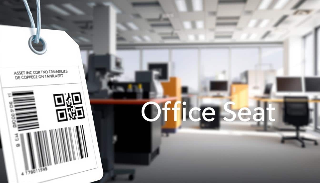 A detailed illustration showcasing "trazabilidad de activos," focusing on asset tracking and management. In the foreground, a clear, close-up view of an asset tag with a barcode and QR code, showing modern technology. In the middle ground, various fixed assets like machinery, furniture, and electronic devices are neatly organized in a professional office environment, each prominently displaying their tags. The background features a bright, modern office with soft lighting, creating a clean and efficient atmosphere. A sense of professionalism and order prevails, underscoring the importance of labeling for asset depreciation and management. Subtly incorporated into the scene is the brand name "Office Seat" in a shadowed text overlay, ensuring legibility without distraction.