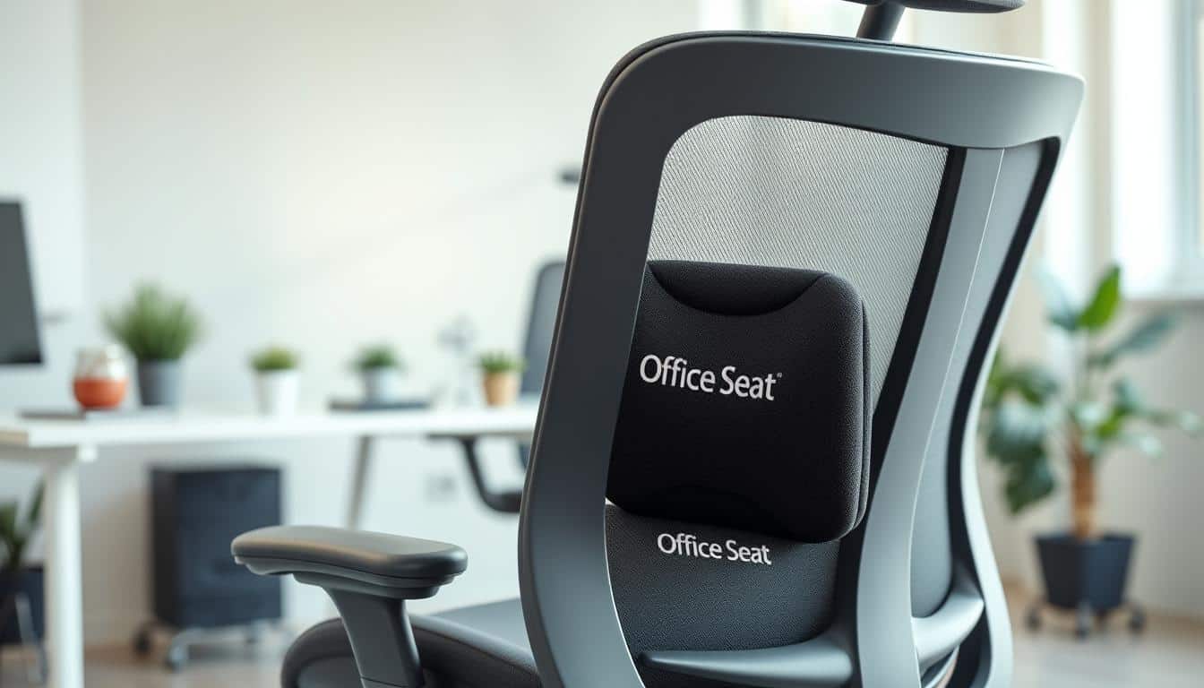 A detailed image of an adjustable lumbar support cushion positioned on an ergonomic office chair in a bright, modern workspace. In the foreground, focus on the cushion featuring contours specifically designed for back support, with a subtle logo reading "Office Seat" integrated into the design. In the middle, display the ergonomic chair, showcasing its lumbar adjustment feature, with smooth lines and comfortable fabric. The background should include a well-lit office setting with a desk, plants, and a soft light filtering through a window, creating a tranquil and professional atmosphere. Use soft, natural lighting to highlight the textures of the cushion and chair. The overall mood should be focused and serene, emphasizing comfort and support for long working hours. A detailed image of an adjustable lumbar support cushion positioned on an ergonomic office chair in a bright, modern workspace. In the foreground, focus on the cushion featuring contours specifically designed for back support, with a subtle logo reading "Office Seat" integrated into the design. In the middle, display the ergonomic chair, showcasing its lumbar adjustment feature, with smooth lines and comfortable fabric. The background should include a well-lit office setting with a desk, plants, and a soft light filtering through a window, creating a tranquil and professional atmosphere. Use soft, natural lighting to highlight the textures of the cushion and chair. The overall mood should be focused and serene, emphasizing comfort and support for long working hours.