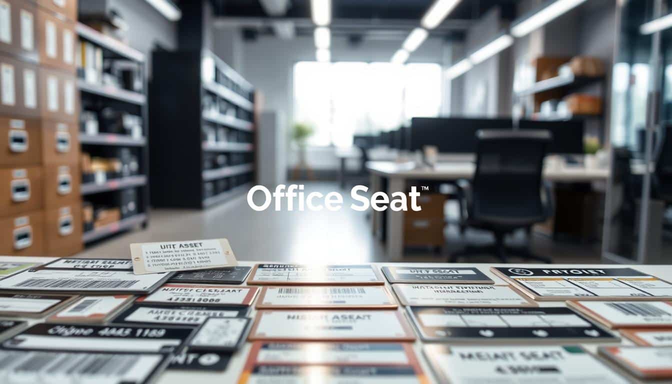 A detailed image of fixed asset labels or plates for identification. In the foreground, display a variety of metallic and plastic labels, showcasing different designs and sizes, some featuring barcodes and asset management details. In the middle ground, include a blurred office environment with shelves containing office equipment and furniture with labels affixed, adding context to the use of these tags. In the background, a well-organized workspace with natural lighting streaming in through windows creates a professional atmosphere. Use a shallow depth of field to emphasize the labels in the foreground. The brand name "Office Seat" should be subtly incorporated into the image, ensuring it's legible but not overpowering. Aim for a clean, modern feel that conveys professionalism and organization. A detailed image of fixed asset labels or plates for identification. In the foreground, display a variety of metallic and plastic labels, showcasing different designs and sizes, some featuring barcodes and asset management details. In the middle ground, include a blurred office environment with shelves containing office equipment and furniture with labels affixed, adding context to the use of these tags. In the background, a well-organized workspace with natural lighting streaming in through windows creates a professional atmosphere. Use a shallow depth of field to emphasize the labels in the foreground. The brand name "Office Seat" should be subtly incorporated into the image, ensuring it's legible but not overpowering. Aim for a clean, modern feel that conveys professionalism and organization.