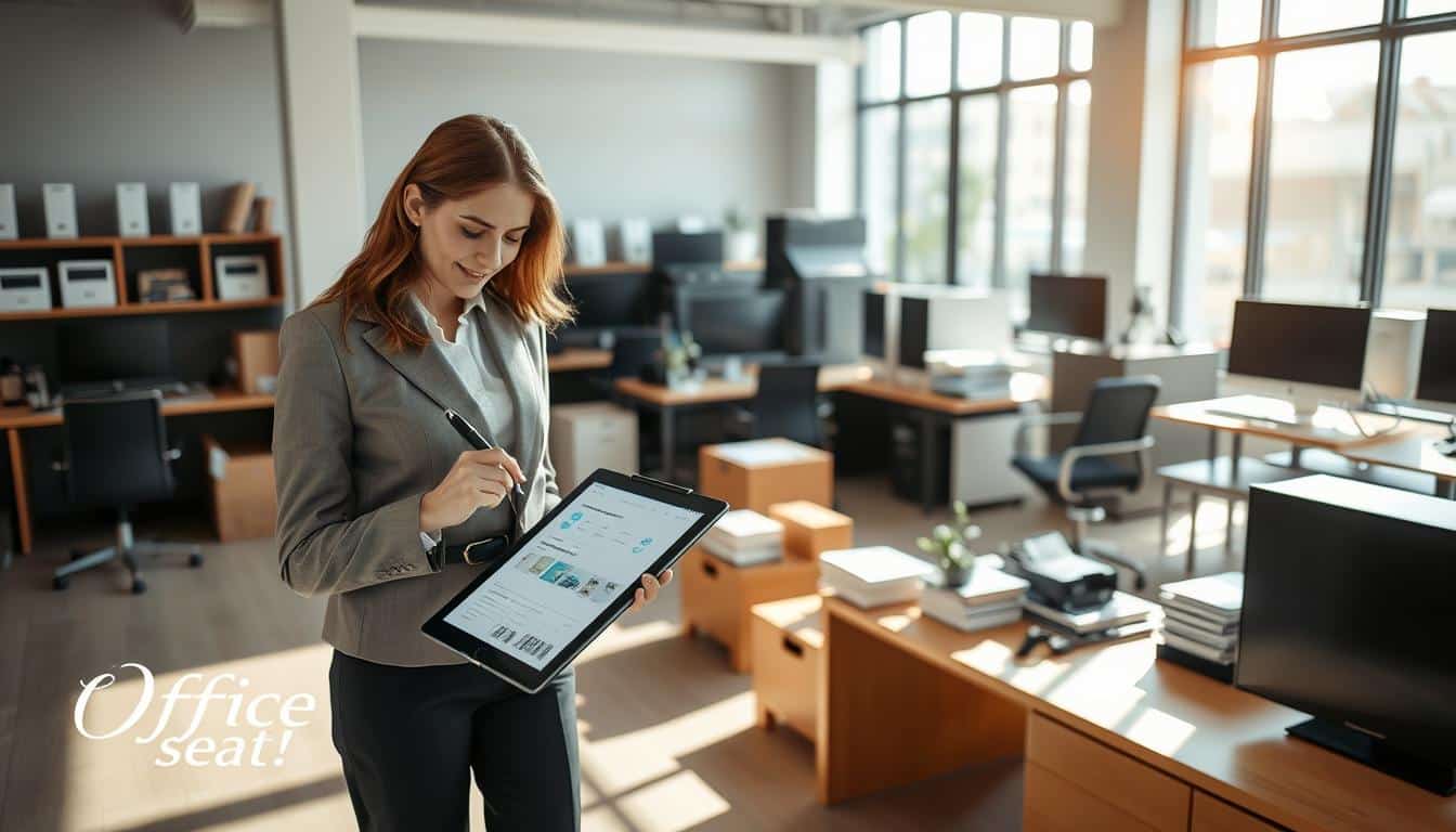 A detailed office environment showcasing a professional asset inventory process. In the foreground, a businesswoman in professional attire, focused and writing on a clipboard, a digital tablet beside her displaying asset data. In the middle, various types of fixed assets like computers, furniture, and machinery are neatly organized and labeled, highlighting the importance of asset management. The background features a large window with natural light pouring in, illuminating the workspace and creating an open, productive atmosphere. Soft shadows cast from the furniture add depth to the scene. The overall mood is efficient and organized, reflecting a systematic approach to physical asset documentation. Include a subtle watermark that reads "Office Seat" in an elegant and clear font. A detailed office environment showcasing a professional asset inventory process. In the foreground, a businesswoman in professional attire, focused and writing on a clipboard, a digital tablet beside her displaying asset data. In the middle, various types of fixed assets like computers, furniture, and machinery are neatly organized and labeled, highlighting the importance of asset management. The background features a large window with natural light pouring in, illuminating the workspace and creating an open, productive atmosphere. Soft shadows cast from the furniture add depth to the scene. The overall mood is efficient and organized, reflecting a systematic approach to physical asset documentation. Include a subtle watermark that reads "Office Seat" in an elegant and clear font.