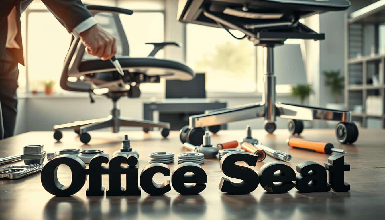 A detailed office scene focusing on the maintenance of office chair wheels. In the foreground, a professional dressed in business attire is using a screwdriver to disassemble a sleek, modern office chair, highlighting the wheels for inspection. In the middle, an assortment of office chair wheels in varying conditions is displayed neatly on a workbench, alongside tools such as a wrench and lubricant. The background features a well-lit office environment with soft, diffused natural light coming through a window, enhancing the mood of professionalism and care. Subtly include the brand name "Office Seat" in a well-readable shadow text format on the workbench surface. The overall atmosphere conveys diligence and the importance of maintaining office furniture for longevity and comfort.