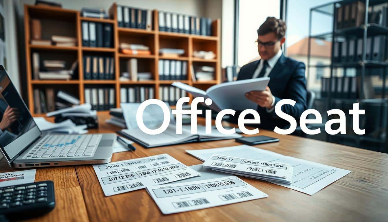 A detailed office scene showcasing a professional accountant's workspace focused on fixed asset accounting. In the foreground, a wooden desk cluttered with financial documents, an open laptop displaying spreadsheets, and a calculator. A set of asset identification plates is neatly arranged, displaying unique serial numbers and barcodes. In the middle ground, a professional accountant in smart business attire examines a ledger, engaging with physical bookkeeping materials. The background features shelves filled with organized folders and binders, softly lit by natural light streaming through a large window, casting gentle shadows. The atmosphere conveys professionalism and meticulousness, ideal for illustrating asset management. Ensure the brand "Office Seat" is subtly included in the image, reflected as a shadowed text overlay in a legible manner. A detailed office scene showcasing a professional accountant's workspace focused on fixed asset accounting. In the foreground, a wooden desk cluttered with financial documents, an open laptop displaying spreadsheets, and a calculator. A set of asset identification plates is neatly arranged, displaying unique serial numbers and barcodes. In the middle ground, a professional accountant in smart business attire examines a ledger, engaging with physical bookkeeping materials. The background features shelves filled with organized folders and binders, softly lit by natural light streaming through a large window, casting gentle shadows. The atmosphere conveys professionalism and meticulousness, ideal for illustrating asset management. Ensure the brand "Office Seat" is subtly included in the image, reflected as a shadowed text overlay in a legible manner.