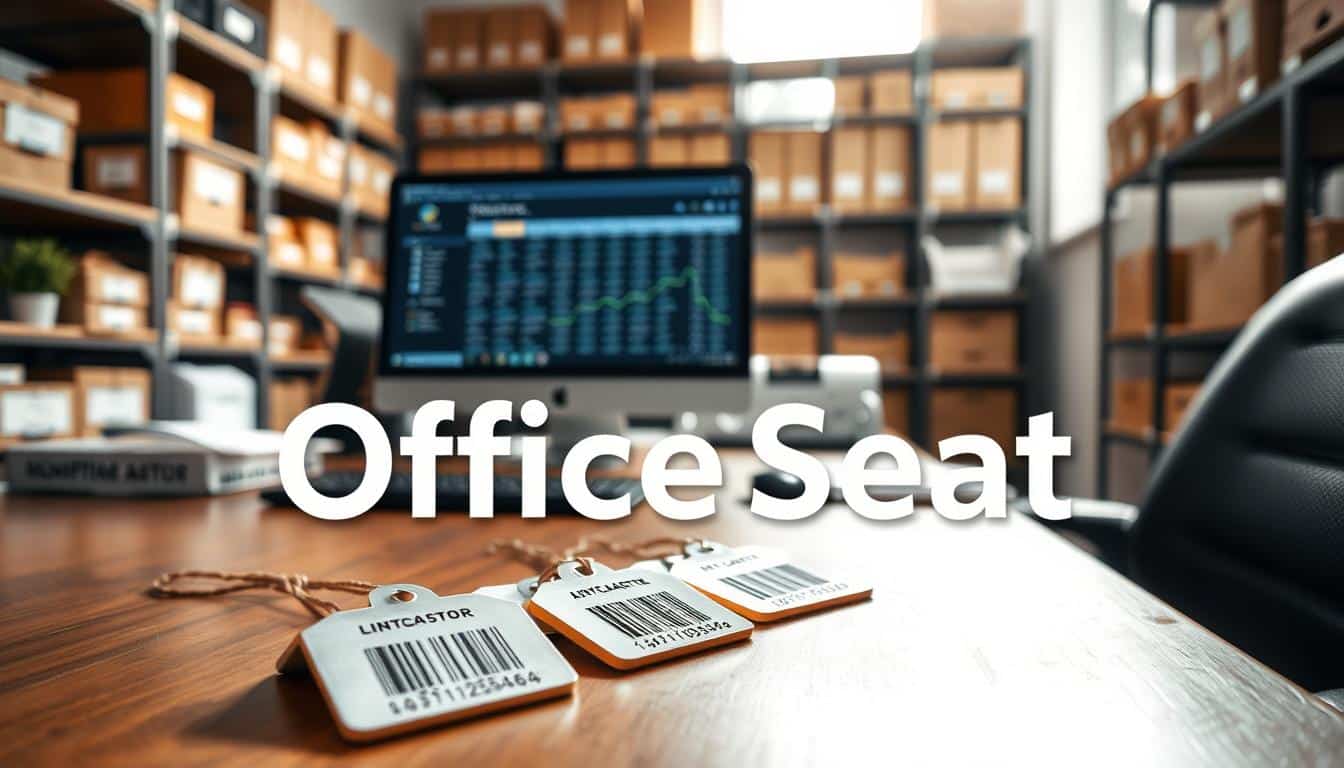 A detailed office scene showcasing a professional workspace dedicated to asset management. In the foreground, focus on a neatly organized desk with metallic asset tags displaying barcodes and unique identifiers, symbolizing "placas para activos fijos." The middle ground features a computer screen displaying inventory tracking software, demonstrating the process of managing and controlling company assets. In the background, shelves filled with labeled boxes and organized files create a sense of order. The lighting is bright and natural, filtering in through a window, casting soft shadows that enhance the professional atmosphere. Capture the image from a slight angle, emphasizing depth, while ensuring the brand "Office Seat" is subtly incorporated with a clear shadowed text overlay. The overall mood conveys efficiency and precision in managing tangible corporate assets.