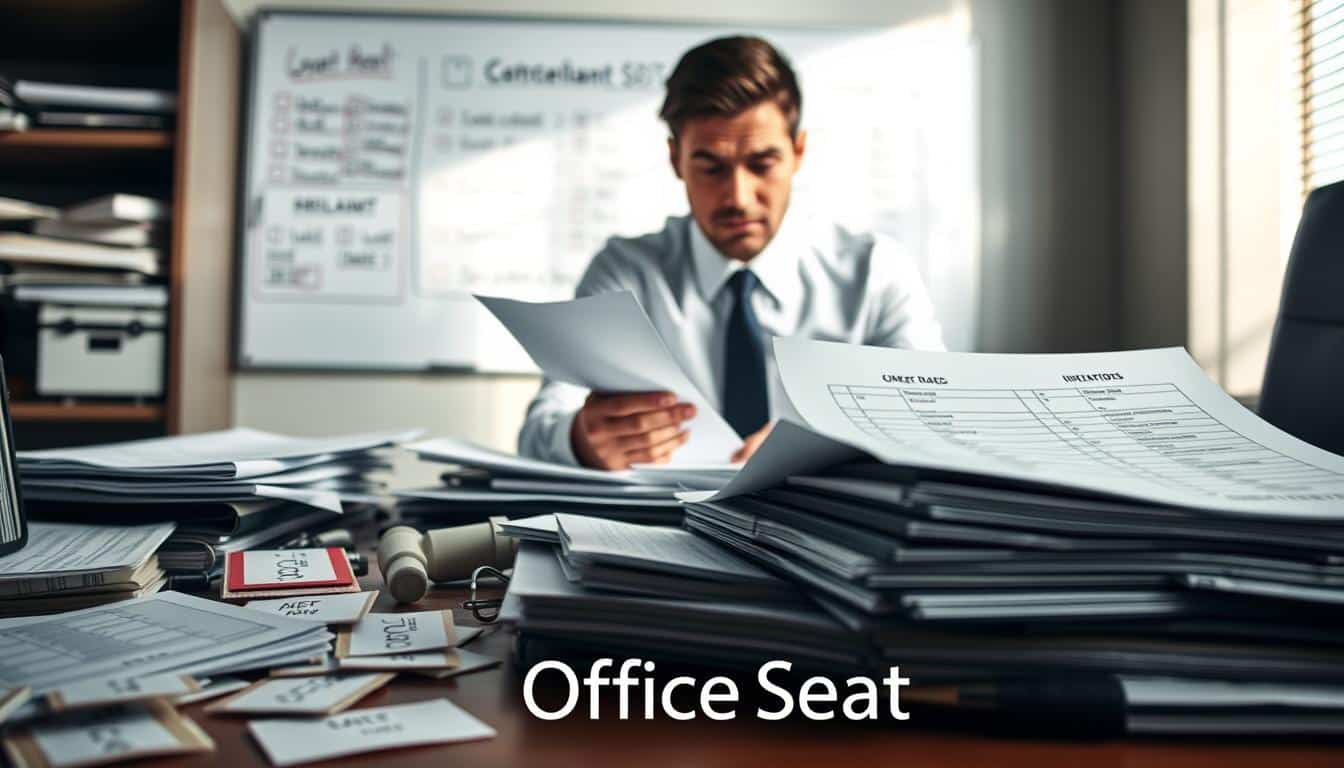 A detailed office scene showcasing common labeling errors with fixed assets. In the foreground, display a cluttered desk with mislabelled asset tags and inventory lists, emphasizing incorrect data and mismatched labels. The middle ground features a business professional in smart attire, reviewing the documents with a concerned expression, highlighting the importance of accurate asset management. In the background, a whiteboard can be seen with checklists and notes on best labeling practices. The atmosphere should feel slightly tense yet professional, with soft, natural lighting illuminating the workspace, creating shadows that enhance depth. The lens should provide a close-up view of the desk while keeping the professional in focus. Include the brand name "Office Seat" subtly in the bottom corner, legibly marked with a shadow effect.