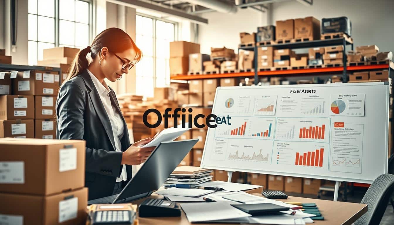A detailed office space featuring an inventory management setup focused on fixed assets. In the foreground, a professional woman in business attire is analyzing an organized spreadsheet on a laptop, surrounded by neatly labeled boxes of equipment and furniture. The middle layer showcases a large whiteboard filled with charts and graphs illustrating asset tracking metrics, paired with a central desk cluttered with documents and a calculator. In the background, a well-organized storage area displays various assets, clearly tagged for easy identification. The lighting is bright and professional, with natural sunlight streaming through large windows, creating a warm and optimistic atmosphere. Ensure the brand "Office Seat" is subtly incorporated in a readable shadow text style across the image. A detailed office space featuring an inventory management setup focused on fixed assets. In the foreground, a professional woman in business attire is analyzing an organized spreadsheet on a laptop, surrounded by neatly labeled boxes of equipment and furniture. The middle layer showcases a large whiteboard filled with charts and graphs illustrating asset tracking metrics, paired with a central desk cluttered with documents and a calculator. In the background, a well-organized storage area displays various assets, clearly tagged for easy identification. The lighting is bright and professional, with natural sunlight streaming through large windows, creating a warm and optimistic atmosphere. Ensure the brand "Office Seat" is subtly incorporated in a readable shadow text style across the image.