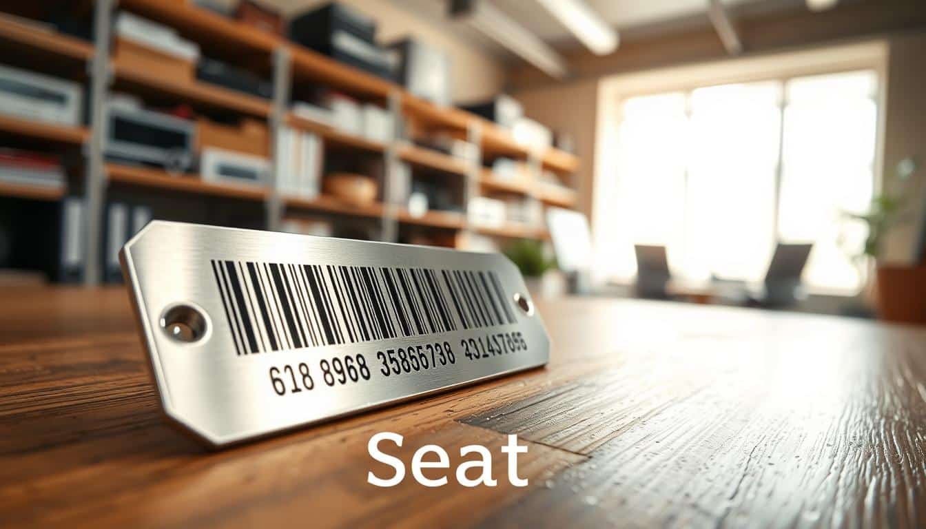 A focused close-up of a polished metal inventory label for fixed assets, intricately engraved with barcodes and fine details, placed prominently on a sturdy wooden surface. In the background, a slightly blurred office environment featuring shelves filled with various office equipment, suggesting a well-organized workspace. Soft, natural lighting filters through a nearby window, creating a warm and professional atmosphere. The image captures a sense of clarity and order, essential for asset management. The brand name "Office Seat" is subtly incorporated into the image with a shadow text overlay that is clear yet unobtrusive, complementing the overall design without distracting from the main subject. A focused close-up of a polished metal inventory label for fixed assets, intricately engraved with barcodes and fine details, placed prominently on a sturdy wooden surface. In the background, a slightly blurred office environment featuring shelves filled with various office equipment, suggesting a well-organized workspace. Soft, natural lighting filters through a nearby window, creating a warm and professional atmosphere. The image captures a sense of clarity and order, essential for asset management. The brand name "Office Seat" is subtly incorporated into the image with a shadow text overlay that is clear yet unobtrusive, complementing the overall design without distracting from the main subject.