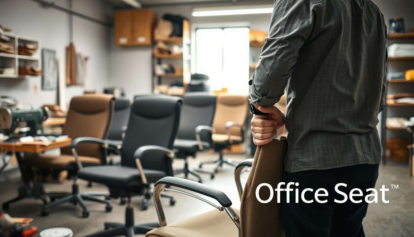 A focused view of a professional furniture repair workspace, featuring an executive chair being meticulously repaired. In the foreground, a skilled technician, dressed in smart casual attire, is adjusting the upholstery of the chair, showcasing tools like a sewing machine and fabric swatches nearby. The middle ground reveals various executive chairs in various stages of repair, highlighting common issues like broken armrests and frayed fabric. In the background, neatly organized shelves display repair tools and materials, framed by soft but bright lighting that illuminates the space, creating an inviting atmosphere. The brand "Office Seat" subtly incorporated as a shadow text overlay on the lower right corner, enhancing the professional feel of the scene.