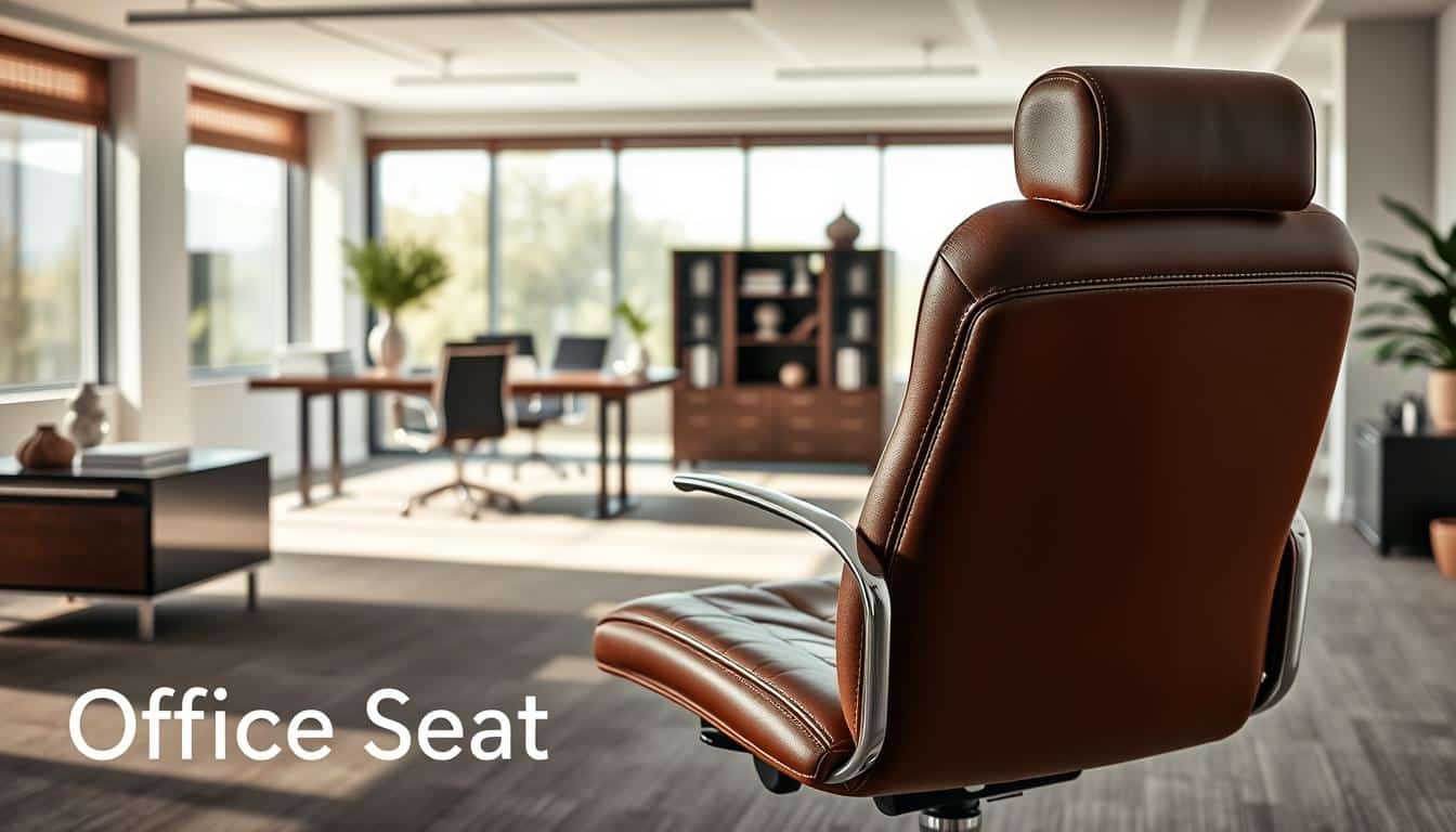A luxurious office environment showcasing high-quality synthetic leather upholstery. In the foreground, a stylish, modern office chair upholstered in rich brown synthetic leather, featuring intricate stitching and a sleek chrome base. The middle section captures a contemporary desk with elegant accessories, enhancing the professional atmosphere. The background reveals a bright, airy office space with large windows allowing soft, natural light to pour in, illuminating the textures of the upholstery. The overall mood is sophisticated yet approachable, emphasizing comfort and durability in high-usage spaces. Subtle shadows cast by the furniture add depth. Include the brand name "Office Seat" subtly integrated into the image, maintaining a professional appearance without distractions.