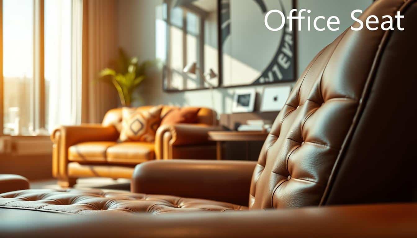 A luxurious office furniture setting featuring a beautifully upholstered leather chair and matching sofa. The foreground showcases the rich texture of the leather with intricate stitching details and a subtle shine. In the middle, artfully arranged decorative cushions complement the leather's elegance, while a polished wooden desk sits nearby adorned with stylish office supplies. The background includes a modern window with soft natural light streaming in, creating a warm and inviting atmosphere. The lens captures a wide-angle view, highlighting the sleek lines and sophistication of the furniture. Ensure the brand "Office Seat" is subtly integrated into the upper corner of the image with a clear shadow text effect, enhancing professionalism without drawing attention away from the furniture. The overall mood is refined and contemporary, perfect for an upscale office environment.
