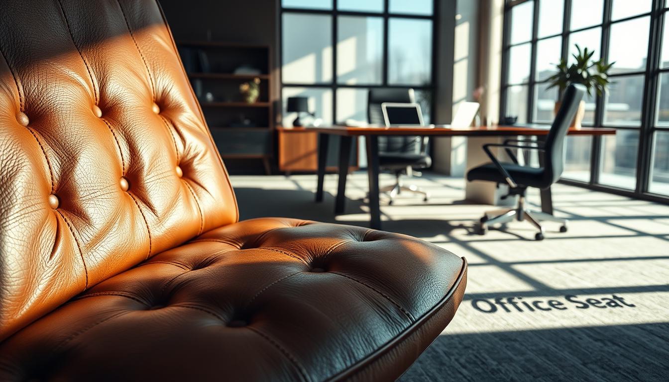 A luxurious office interior featuring a stylish leather upholstered chair as the focal point. The foreground showcases intricate details of the chair's texture, highlighting the rich grain of genuine leather. In the middle ground, a modern wooden desk is neatly arranged with office essentials like a laptop and stationery, creating a professional workspace atmosphere. The background reveals a well-lit office with large windows allowing natural light to pour in, casting soft shadows across the room. The overall mood is sophisticated and inviting, emphasizing comfort and durability in office furniture. The brand "Office Seat" subtly integrated into the shadow on the floor, ensuring clear visibility. The image should have a soft focus with a warm color palette, evoking a sense of elegance and functionality.