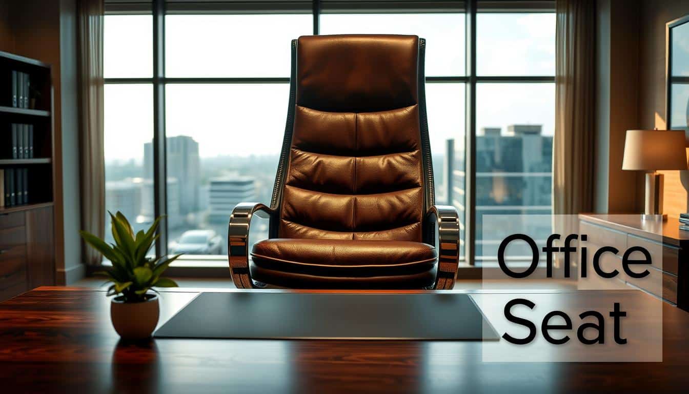A luxurious office setting featuring a high-backed leather chair adorned with rich, textured upholstery, showcasing deep browns and blacks for a sophisticated appearance. In the foreground, place a sleek wooden desk with chrome accents, and a small potted plant adding a touch of greenery. In the middle ground, display soft, diffused lighting highlighting the chair's contours while casting gentle shadows for depth. The background features a large window with cityscape views of Santo Domingo, suggesting a modern office vibe. The overall atmosphere conveys elegance and professionalism, ideal for a contemporary workspace. Include subtly in the corner the brand name "Office Seat" in a well-readable, shadowed text style, ensuring it complements the image without detracting from its focus.