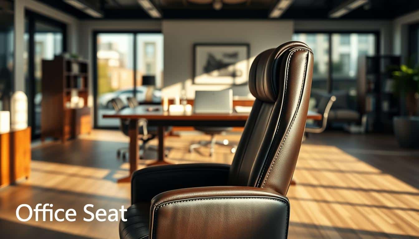 A luxurious office setting featuring elegant leather upholstery. In the foreground, showcase a sophisticated executive chair with rich, dark brown leather upholstery, highlighting its smooth texture and stitching details. In the middle ground, include a stylish wooden desk adorned with contemporary office accessories, reflecting a professional ambiance. The background should display a modern office environment with soft, natural lighting streaming through large windows, casting gentle shadows. Use a 50mm lens for a slightly blurred bokeh effect, emphasizing the chair and desk. The overall mood should convey professionalism and comfort, appealing to discerning office furniture buyers. Include the brand name "Office Seat" subtly in the bottom corner with a shadow for clear visibility.