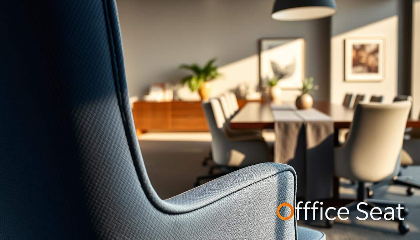 A meticulously designed office upholstery display featuring a rich tapestry of textured fabrics in shades of deep blue and light gray. In the foreground, focus on the intricate stitching and seams of an elegant office chair, showcasing attention to detail and craftsmanship. The middle ground reveals a luxurious conference table draped with a coordinating fabric runner, complementing the upholstery theme. In the background, a softly lit office environment with modern decor—subtle artwork and greenery—creates a professional atmosphere. Use natural lighting to highlight the textures and craftsmanship. The scene conveys a sense of sophistication and comfort, vividly reflecting the essence of upholstery in office furniture. Include a tasteful logo for "Office Seat" subtly embedded in the shadows for branding purposes.