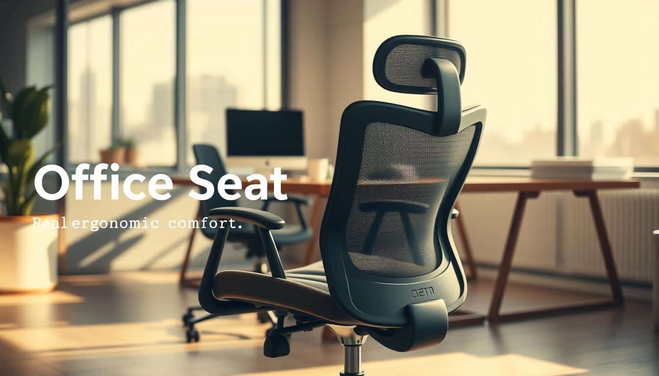 A modern and ergonomic office chair designed for comfort, foreground featuring the chair in a well-lit office setting. The chair has an adjustable seat height, lumbar support, and is upholstered in breathable mesh fabric. In the middle ground, a sleek wooden desk with a computer and professional accessories enhances the workspace atmosphere. Soft, natural lighting streams through large windows, casting gentle shadows that create a warm and inviting mood. A faint reflection of the city skyline is visible in the background. The overall tone captures the balance between real ergonomic comfort and the idealized version often seen in marketing. Include the brand name "Office Seat" subtly integrated into the image.